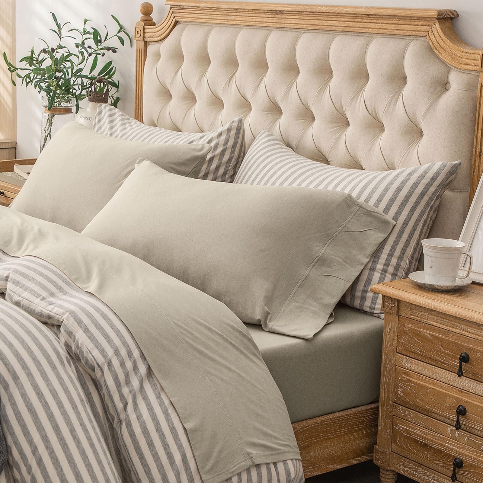 Pure Era Jersey Knit 4Pc Bed Sheet Set 100% T-Shirt Heather Cotton Super Soft Comfy Breathable Fits Mattress Up To 20'' Extra De