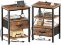 Superjare Nightstand Set Of 2, Bed Side Tables With Charging Station, Adjustable Fabric Drawer, Night Stand For Bedroom, 3-Tier Storage End Tables, For Living Room, Rustic Brown