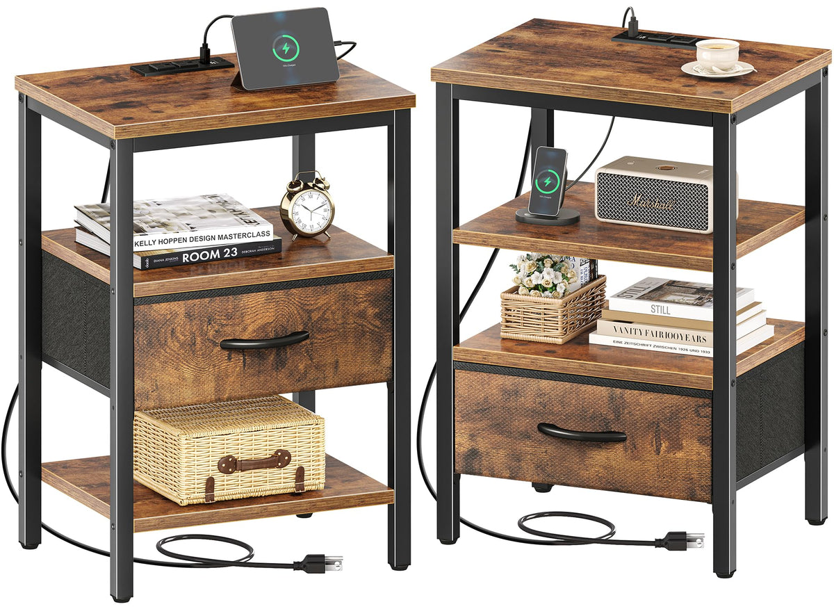 Superjare Nightstand Set Of 2, Bed Side Tables With Charging Station, Adjustable Fabric Drawer, Night Stand For Bedroom, 3-Tier Storage End Tables, For Living Room, Rustic Brown