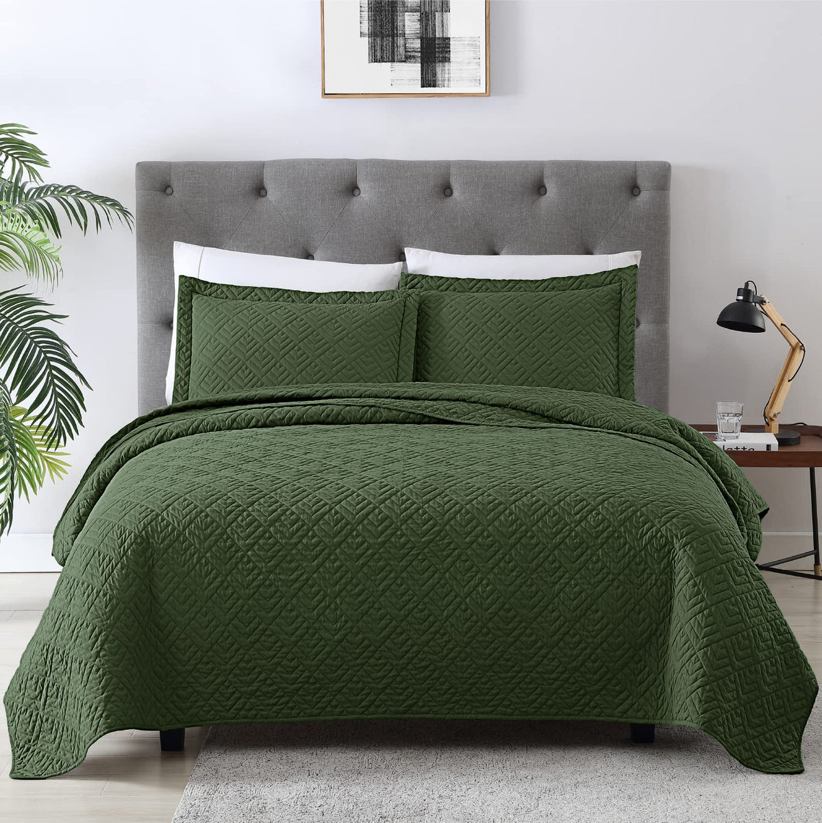 Exq Home Quilt Set King Size Olive Green 3 Piece,Lightweight Soft Coverlet Modern Style Squares Pattern Bedspread Set(1 Quilt,2