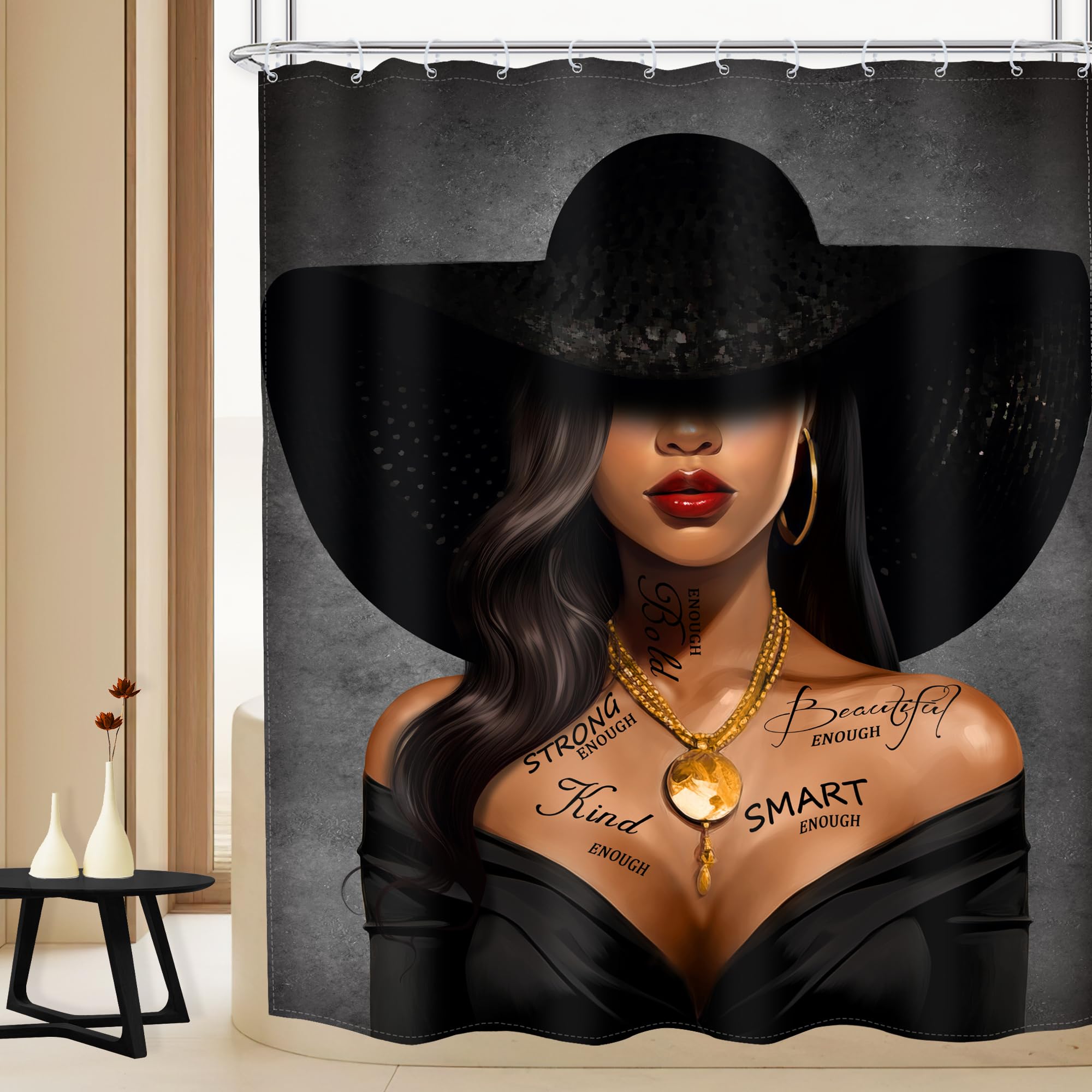 MESHELLY Black Girl Shower Curtain 60Wx72H African American Grey Inspirational Quotes Bathroom Curtain Fashion Black Woman Showe