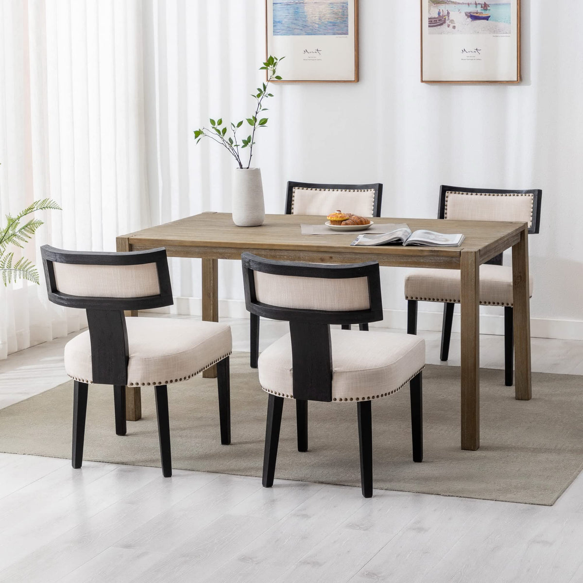 Wahson Set Of 4 Farmhouse Kitchen & Dining Room Chairs With Metal Nailhead Trim, Retro Linen Upholstered Dining Chair With Black