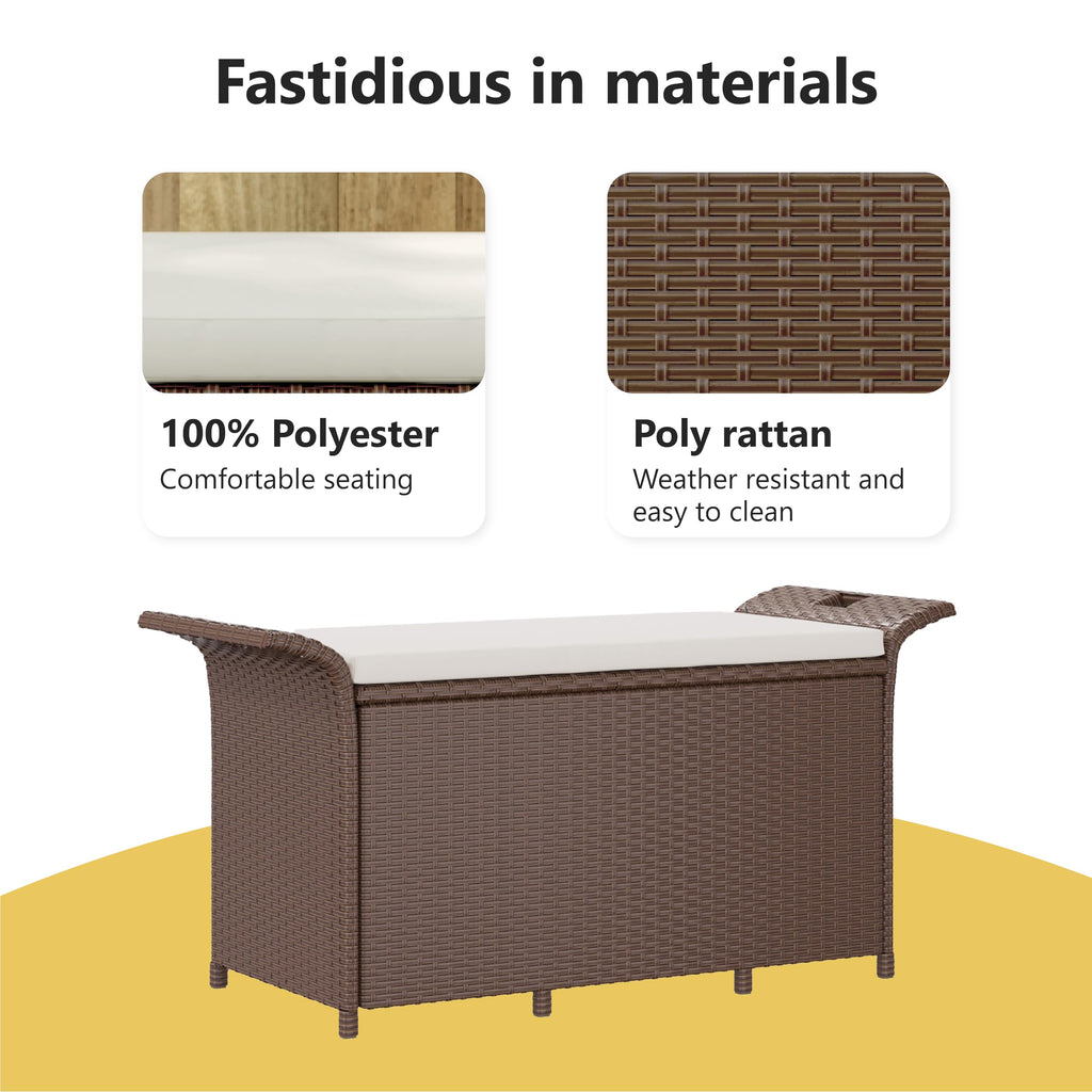 vidaXL Poly Rattan Storage Bench with Cushion, Indoor/Outdoor Ottoman Garden Bench, Waterproof Design, Easy Maintenance, 45.7" x 18.1" x 22.4" Brown