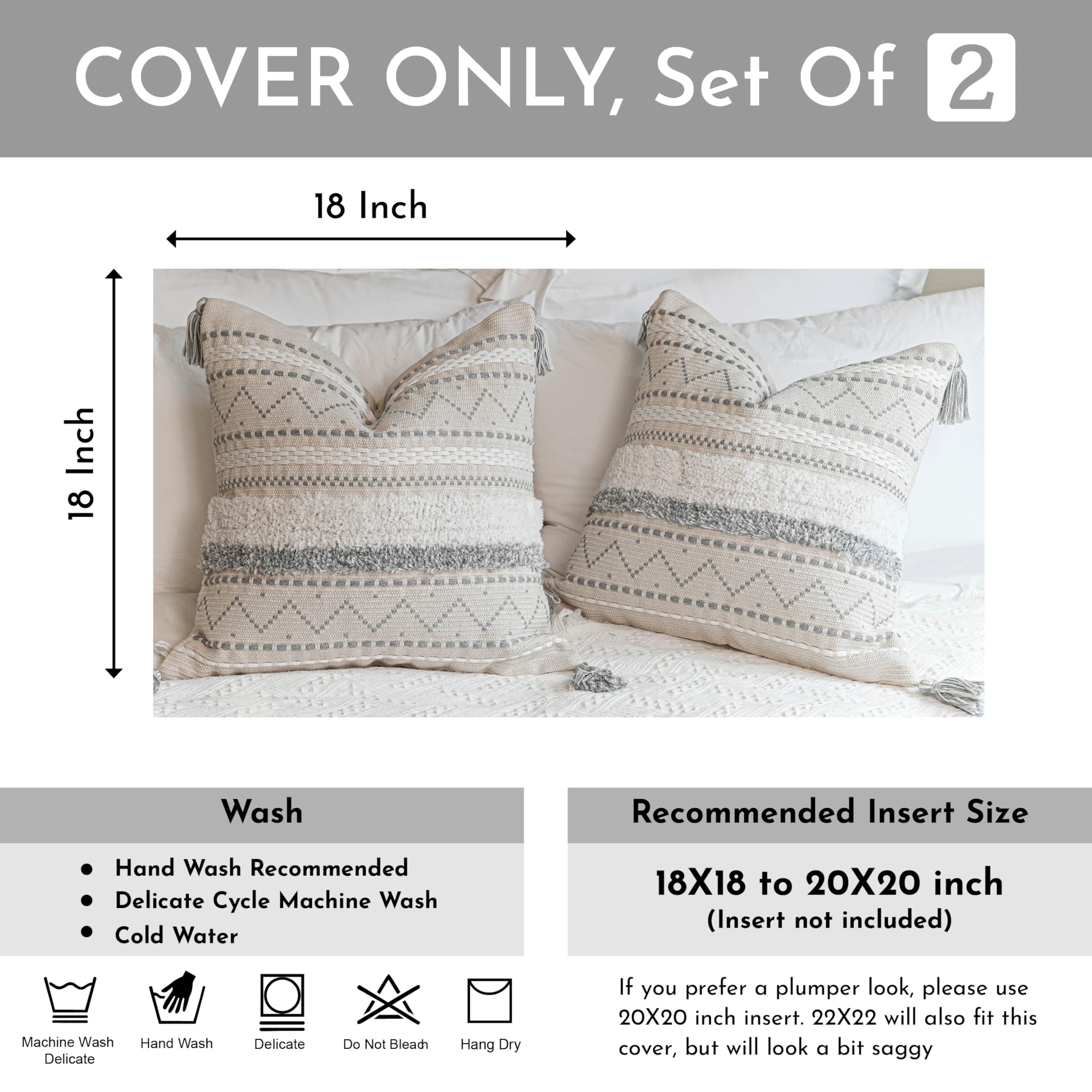 Blissblush Gray Decorative Throw Pillow Cover 18X18 Combo Set Of 2 Square Boho Neutral Grey Accent Pillowcase Tassels Farmhouse