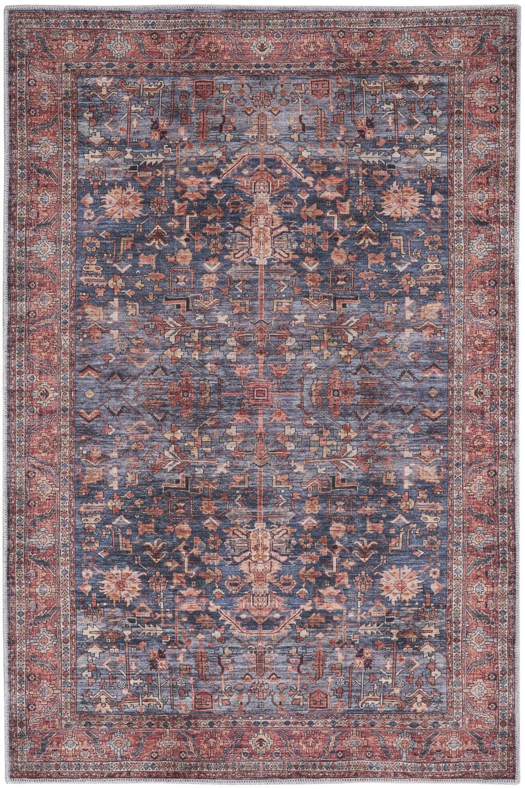 HomeRoots 533285 4 x 6 ft. Blue & Red Oriental Traditional Power Loomed Distressed Washable Non Skid Rectangle Area Rug