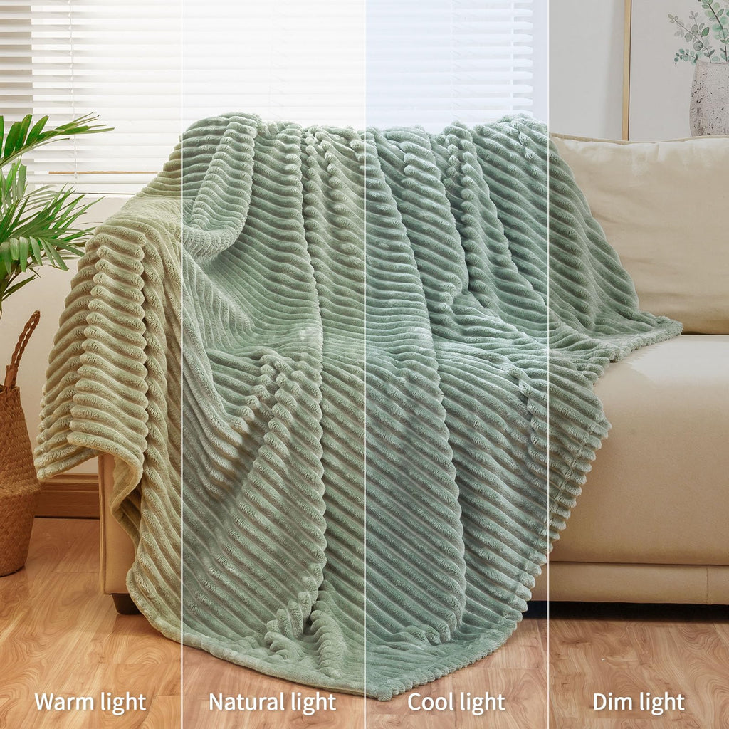 Bnuitland Sage Green Flannel Throw Blanket (60X80 Inches) With Storage Pouch,300Gsm Super Soft Fleece Stripe Pattern Sofa Blanke