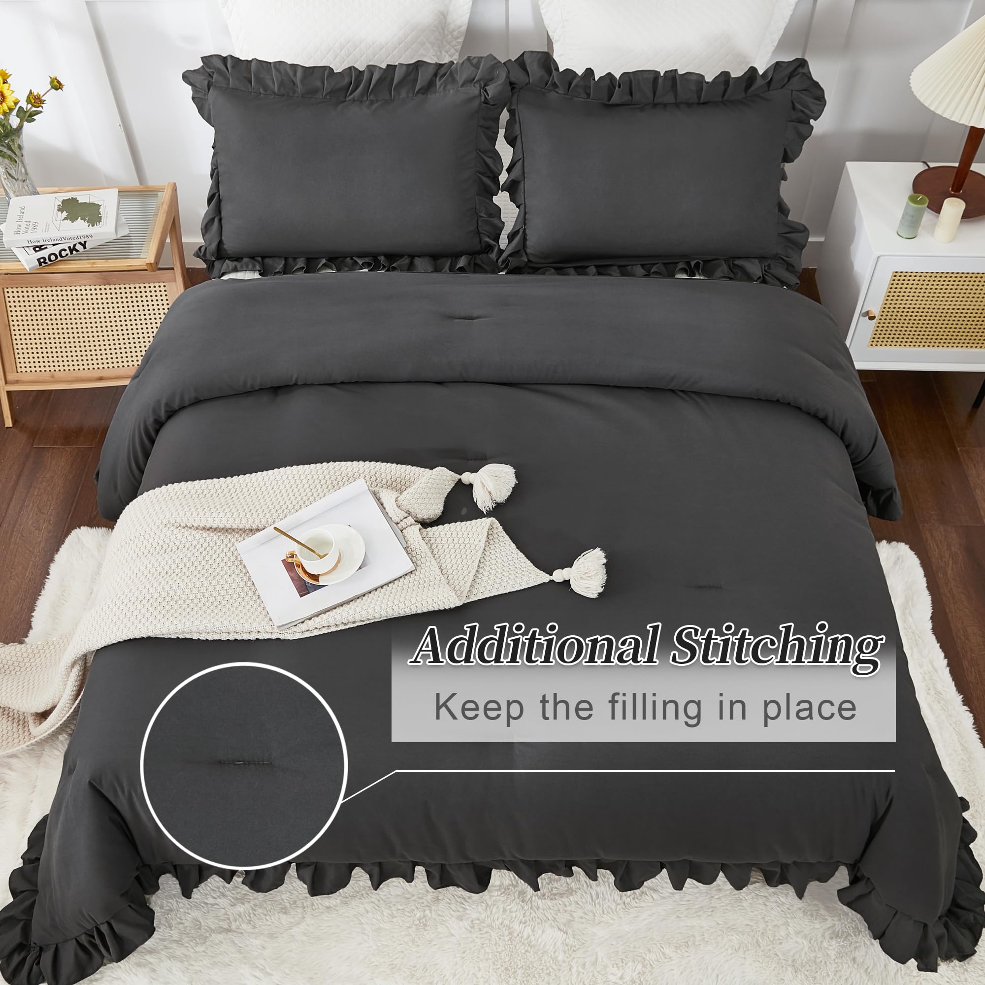 Andency California King Comforter Set Dark Gray (104X96Inch), 3 Pieces Cal King Ruffle Comforter, Oversized Farmhouse Shabby Chic Bed Comforter, Lighteweight And Soft Microfiber Bedding Set