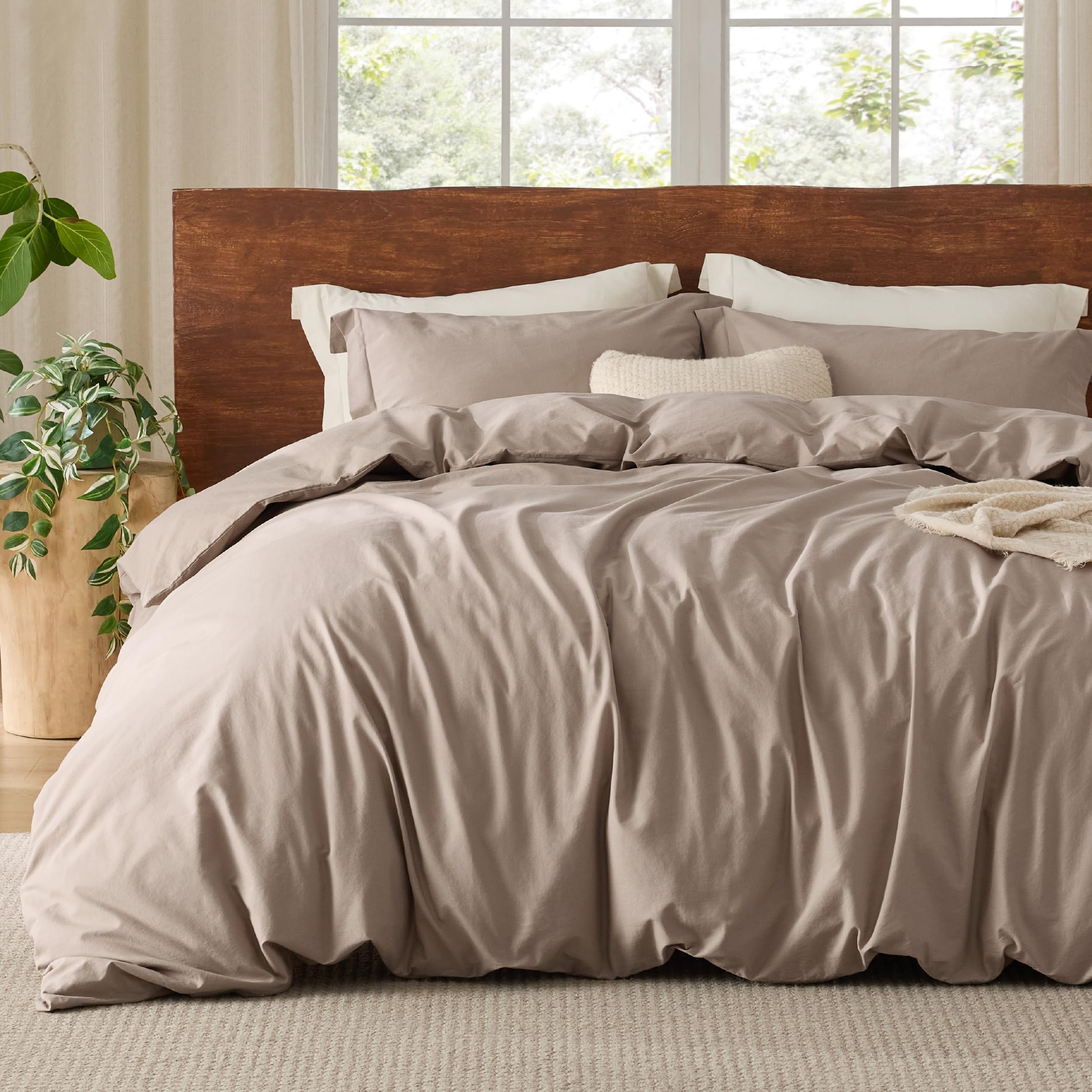 Bedsure 100% Washed Cotton Duvet Cover Queen - Taupe Minimalist Cotton Duvet Cover Set Linen Like - 3 Pieces Gentlesoft™ Plain Simple Bedding Set With 2 Pillow Shams (Taupe, Queen, 90'X90')