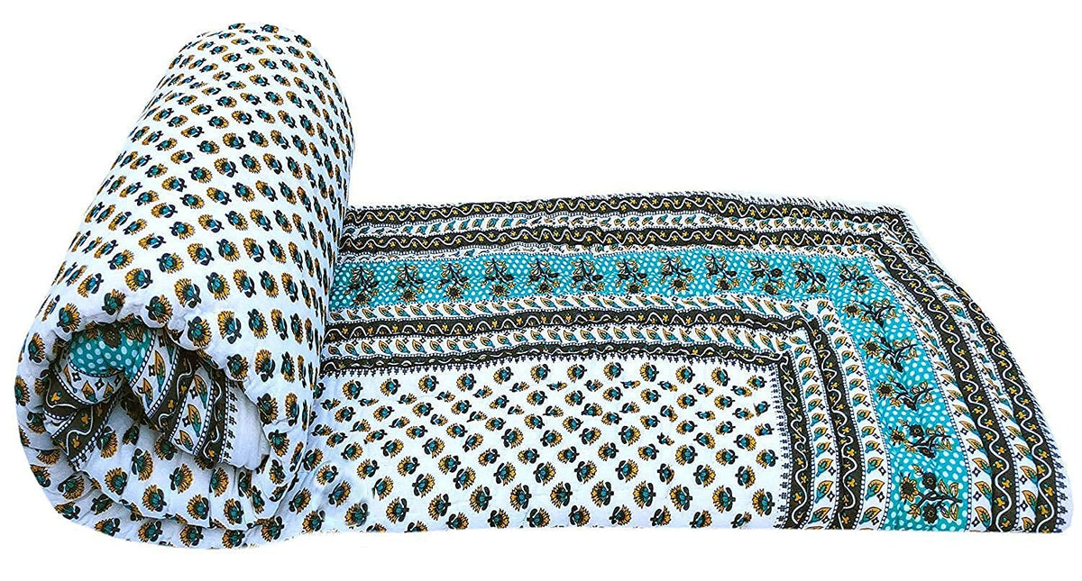 SVT Traditional Famous Rajasthani Print Jaipuri Beautiful Floral Print in White and Seagreen Jaipuri Rajai/Razai/Quilt Double/Do