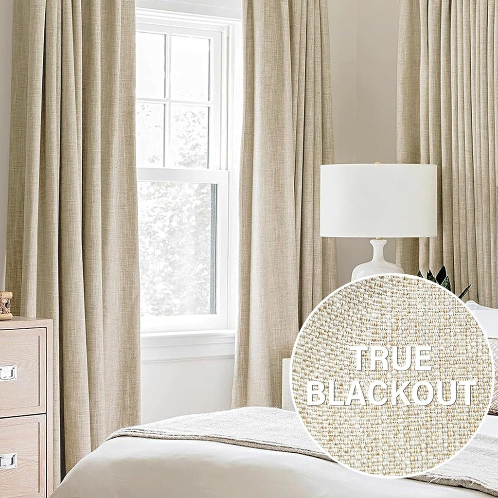 Total Blackout Natural Linen Bedroom Curtains Panels Casual Farmhouse Burlap Texture 100 Room Darkening Window Treatment Set Ene