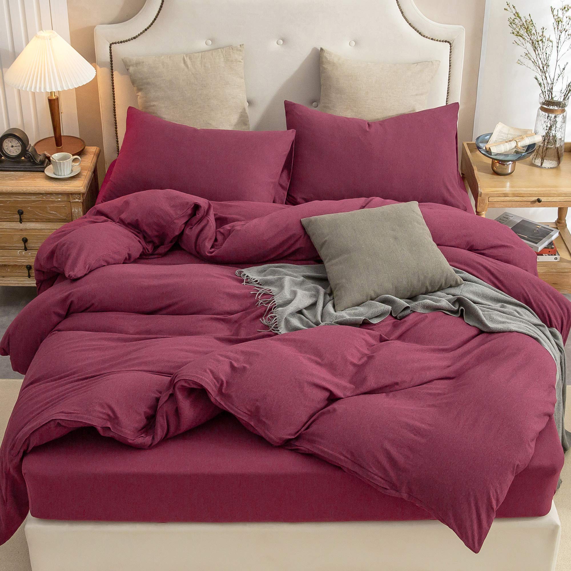 Pure Era Jersey Knit Duvet Cover Set 100% T-Shirt Cotton Super Soft Comfy 3Pc Bedding Set With Zipper Closure (Heather Burgundy