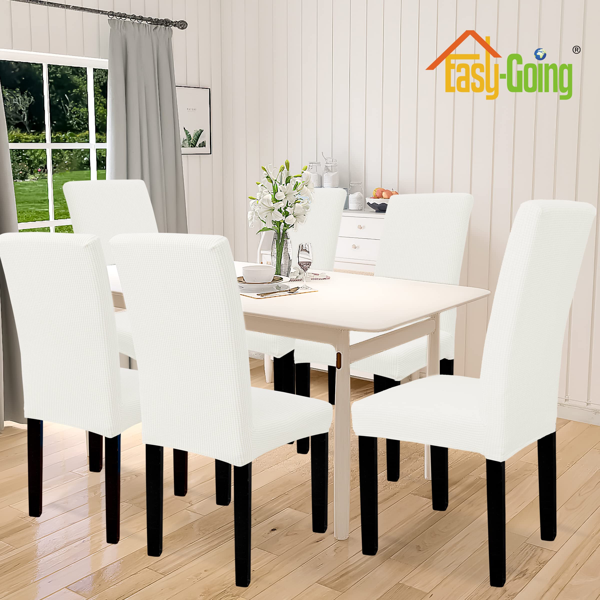 Easy-Going 100% Waterproof Dining Room Chair Cover Set Of 6, Stretch Jacquard Parson Chair Slipcover Removable Washable Chair Protector For Home, Restaurant, Banquet (Xlarge, Cream)