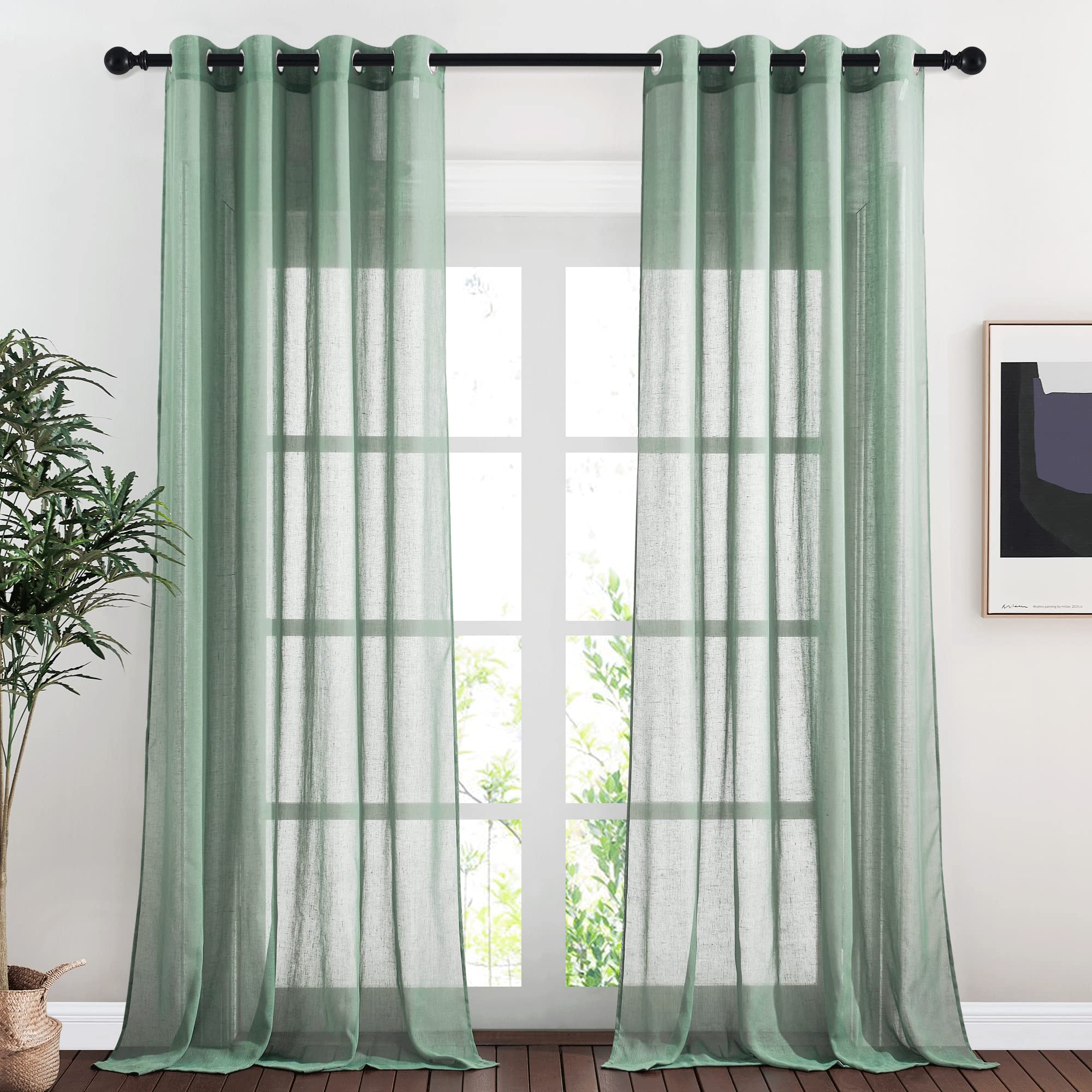 Nicetown Olive Green Curtains Linen Sheer Texture For Living Room, Grommet Semi Sheer Linen Blend Vertical Drapes Privacy With L