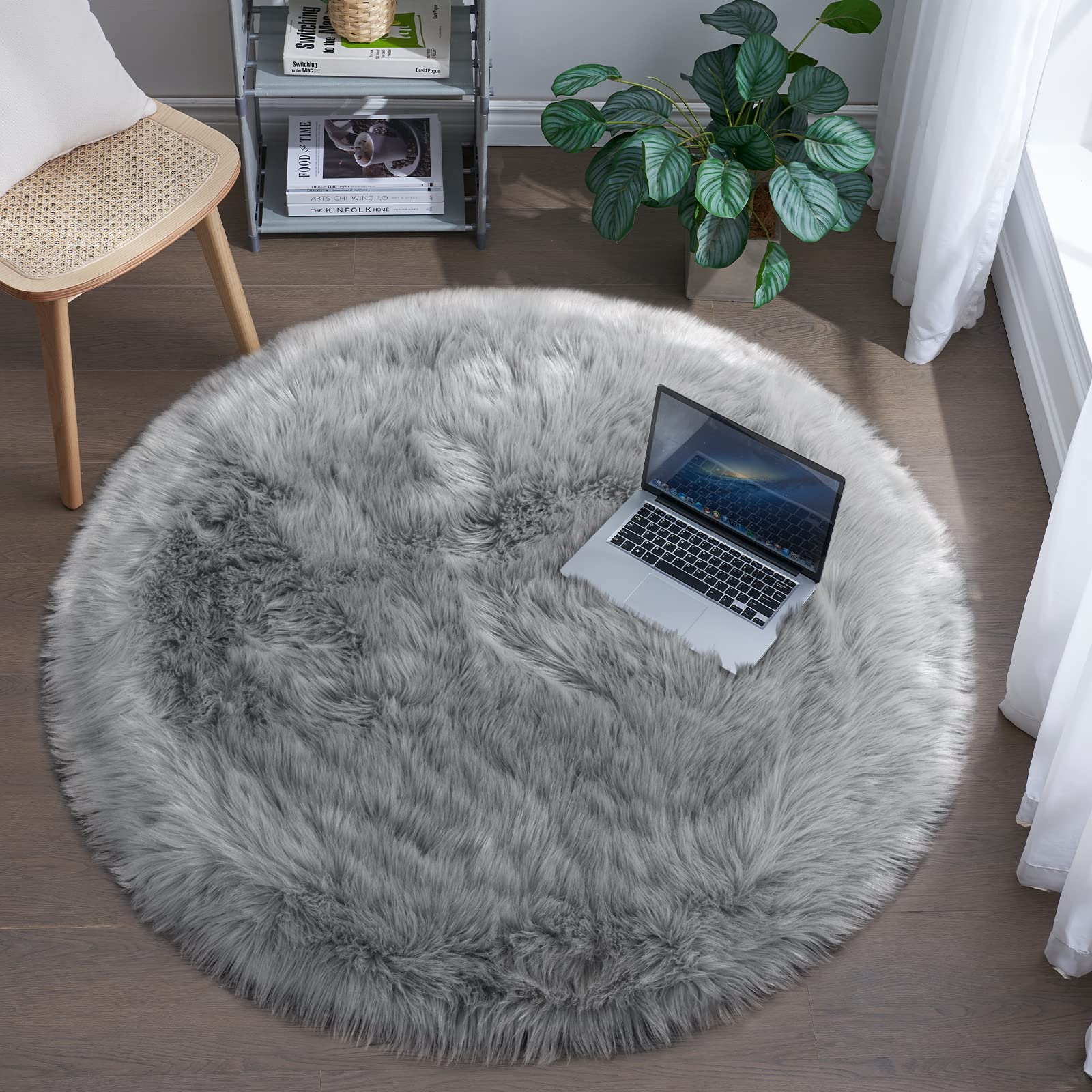 Fluffy Round Rug for Kids Room Grey Circle Faux Fur Area Rug for Bedroom, 4x4 Fuzzy Shag Rugs Furry Nursery Rug Teepee Mat, Gray