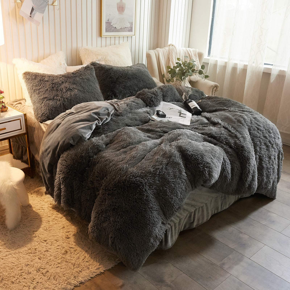 Xege Plush Shaggy Duvet Cover Luxury Ultra Soft Crystal Velvet Bedding 1Pc(1 Faux Fur Duvet Cover),Zipper Closure (Queen, Dark G