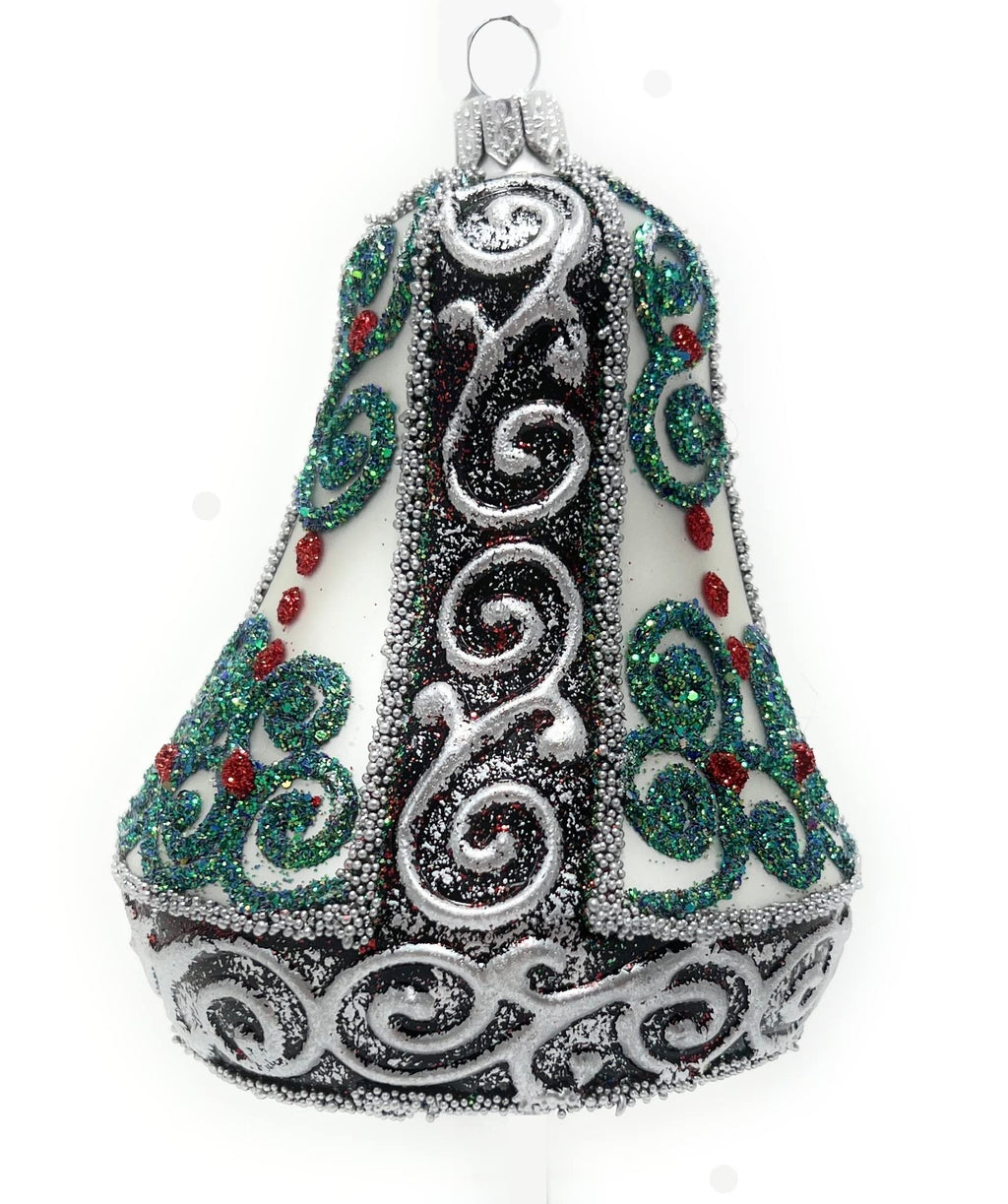 Polish Gallery Christmas Bell Ornament 4-Inch Blown Glass (Silver Embellished)