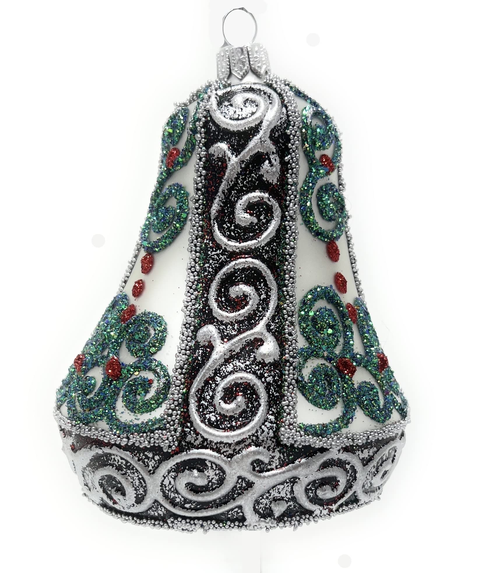 Polish Gallery Christmas Bell Ornament 4-Inch Blown Glass (Silver Embellished)