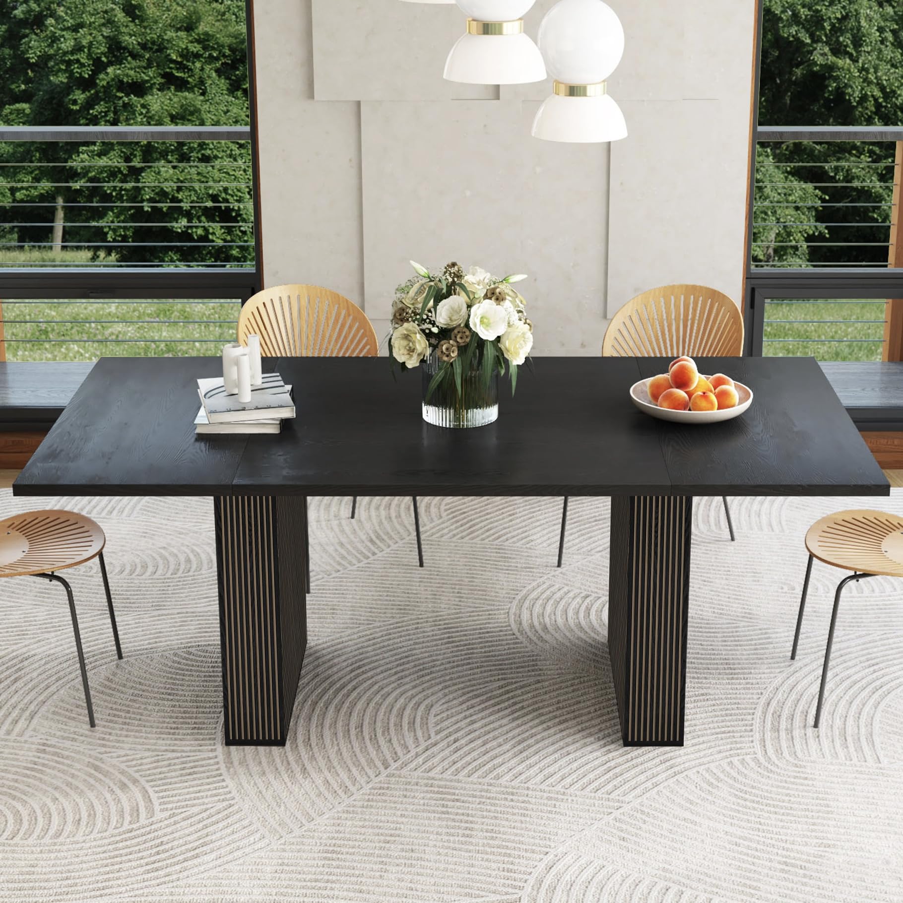 70.8 Inch Kitchen Dining Table For 6-8 People, Oval Kitchen Table With Wood Strip Base, Modern Farmhouse Large Round Dining Room