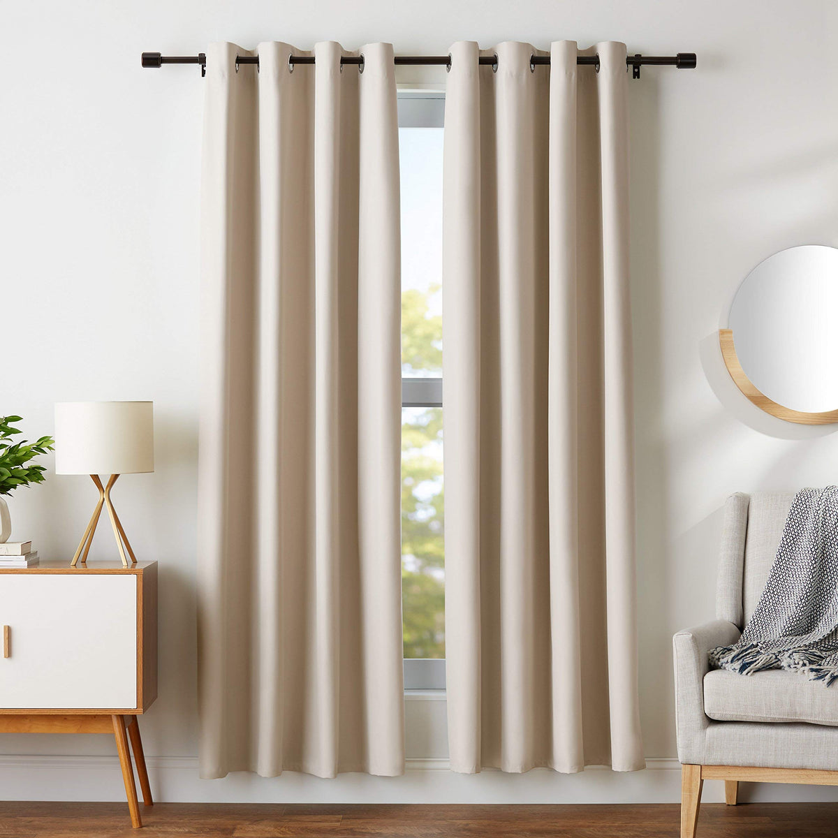 AmazonBasics Room  Polyester Solid Darkening Blackout Curtain Set with Grommets  245 GSM  42 x 84, Beige