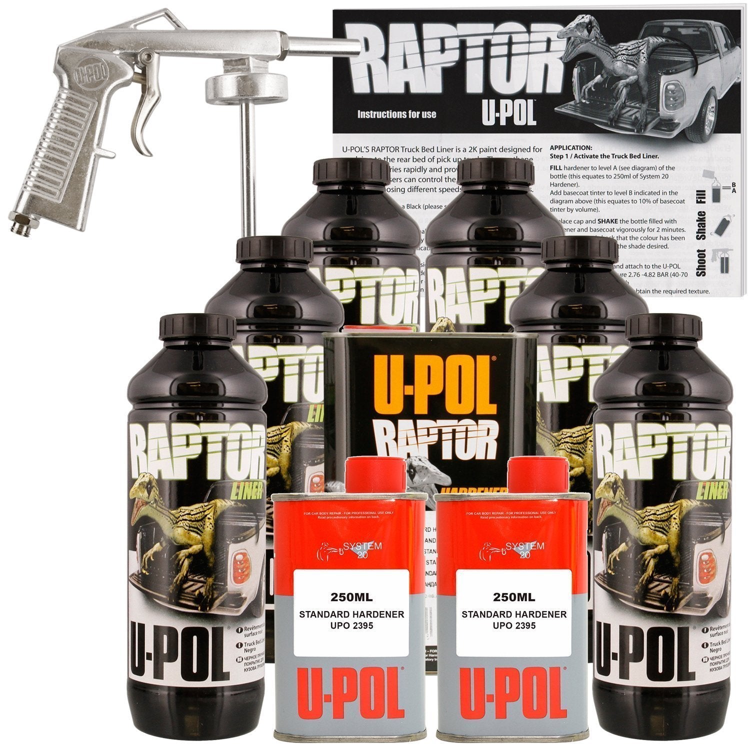 U-Pol Raptor Black Urethane Spray-On Truck Bed Liner Kit W/Free Spray Gun, 6 Liters