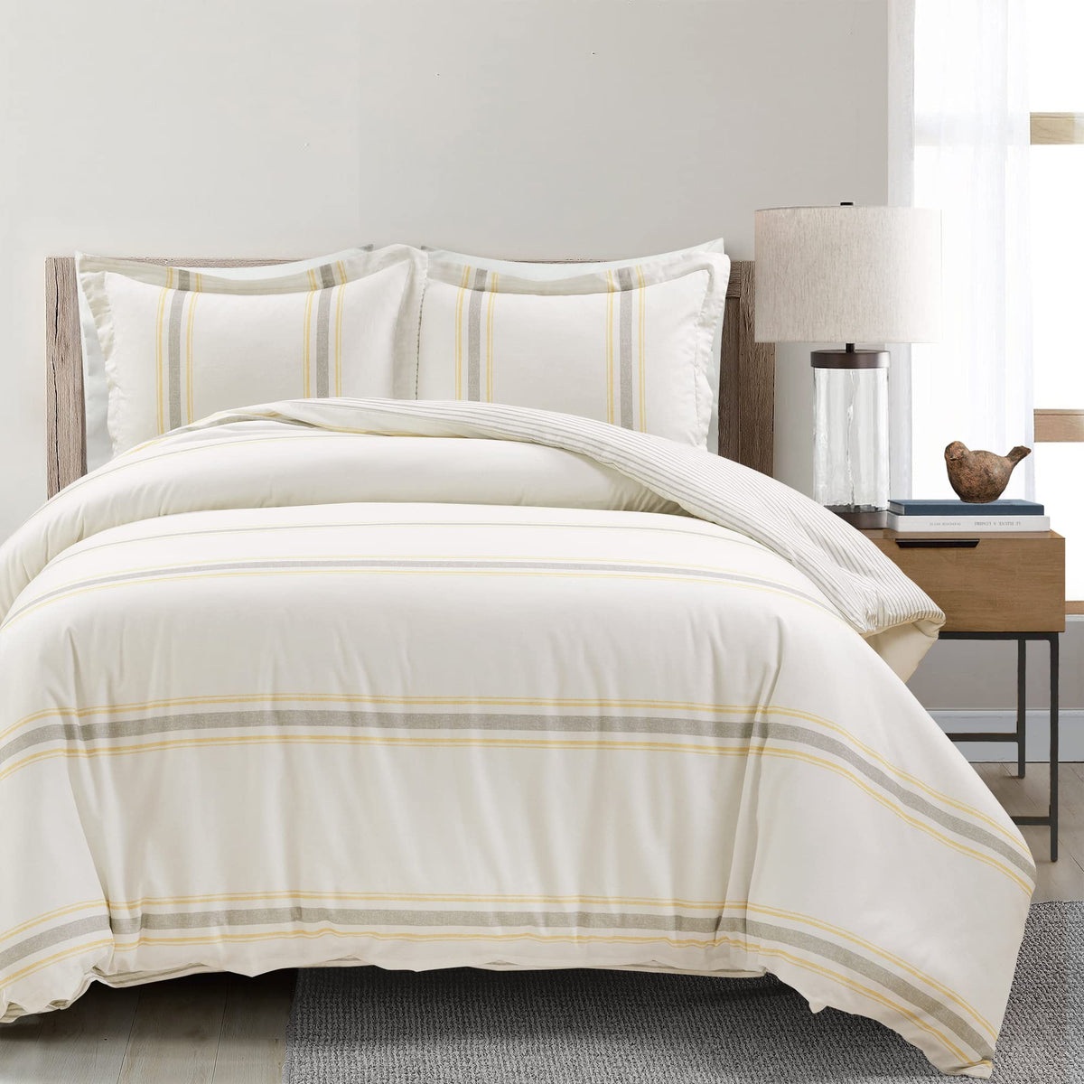 Lush Decor Farmhouse Stripe Reversible Cotton Duvet Cover Set, 3 Piece Set, King, Yellow & Black - Cozy Farmhouse Bedding Set -