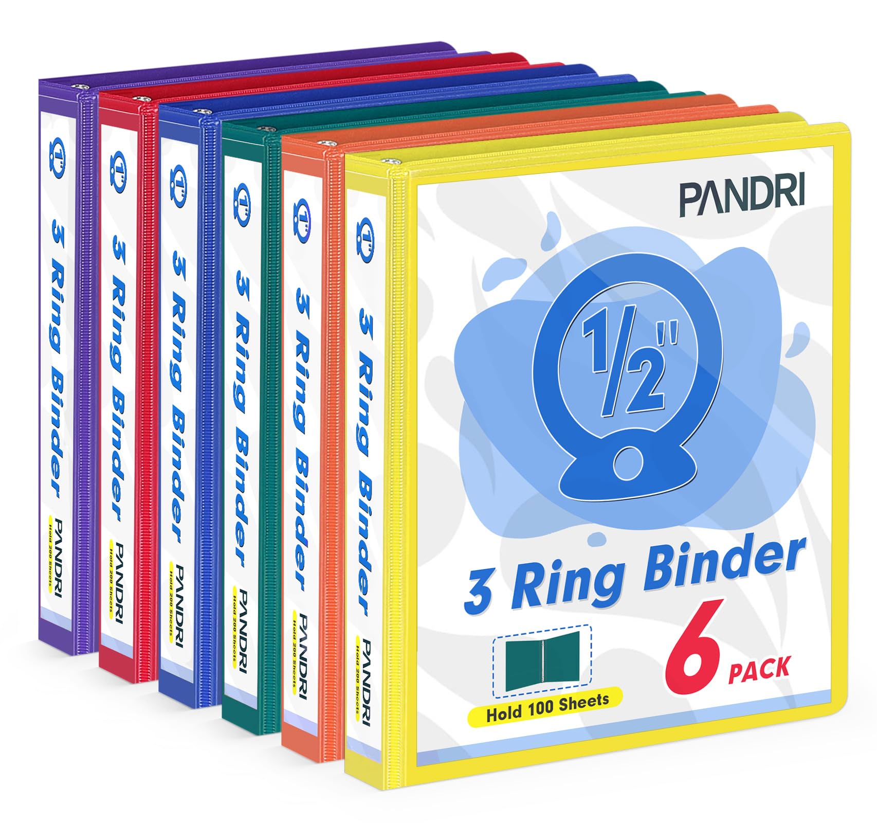 3 Ring Binder 0.5 Inch, Pandri 6 Pack 1/2-Inch Binder Fits Letter Size 8.5' X 11' Paper, Versatile Binders For Office Home Sch