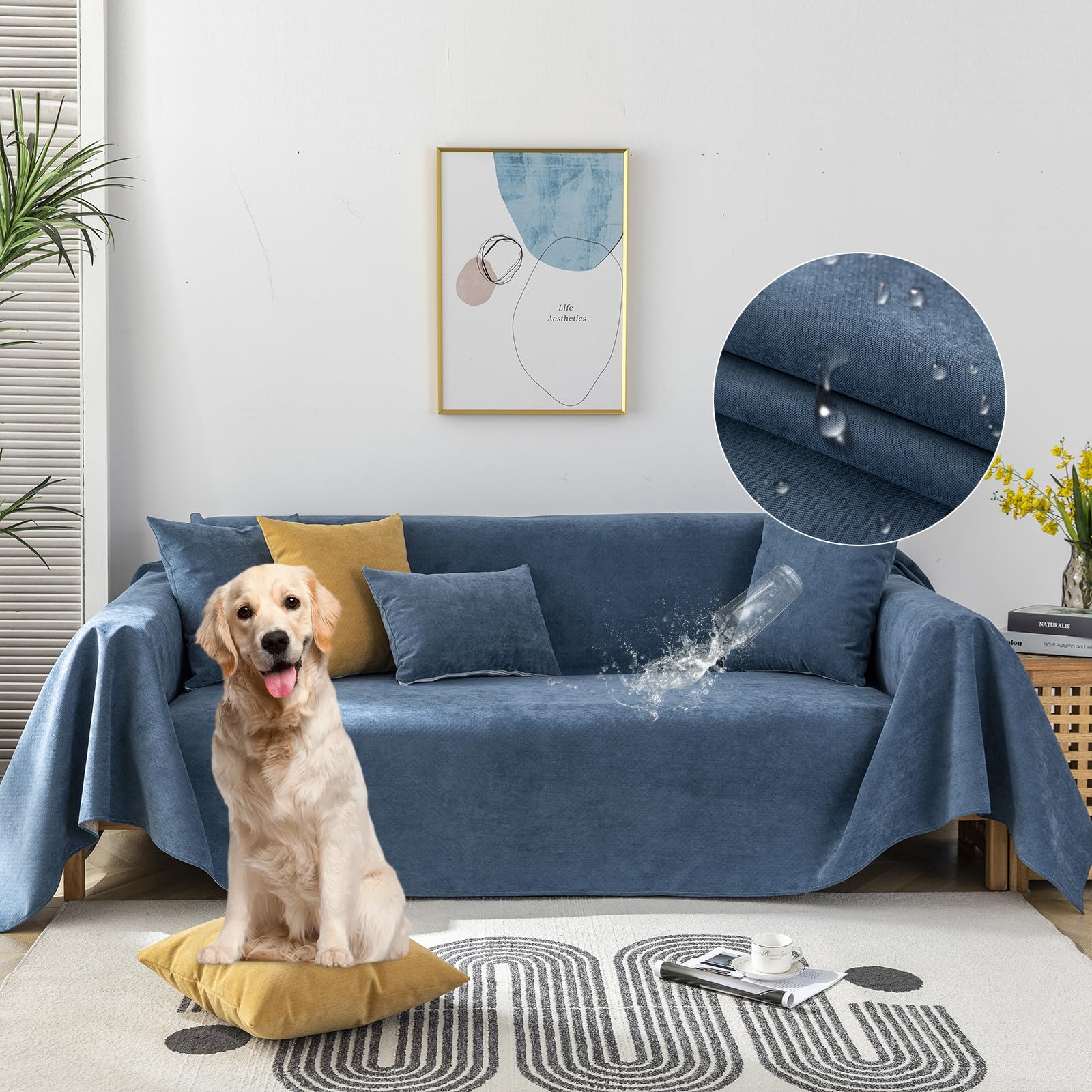 STACYPIK Waterproof Blue Couch Cover Non-Slip Sofa Cushion Cover for Pet Cat Dog Anti-Scratch Couch Cover Thick Washable Couch P