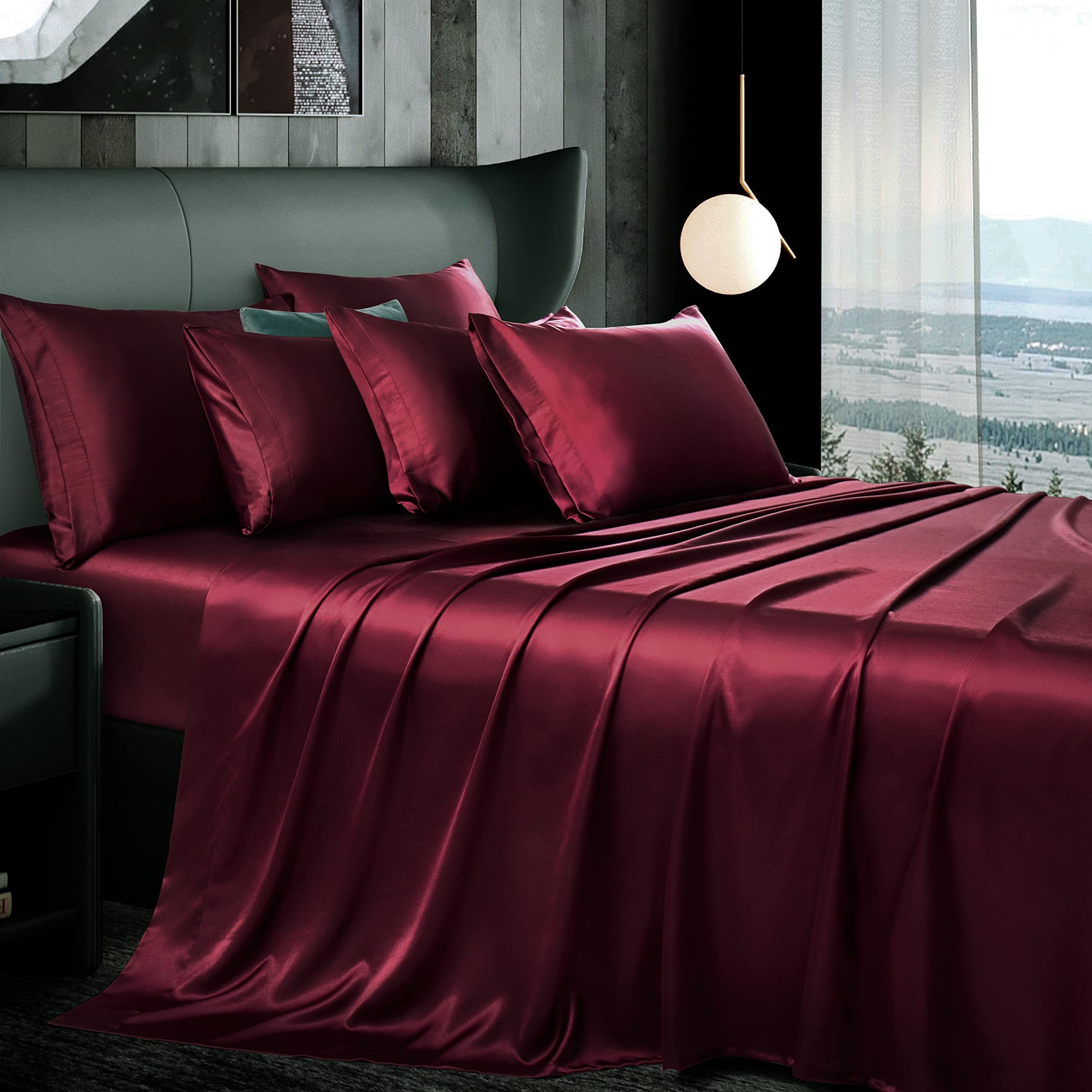 Manyshofu 7Pcs Maroon Satin Sheets Queen Size Silky Satin Bed Sheets Set, Luxurious & Soft Satin Bedding Set - 1 Satin Fitted Sh