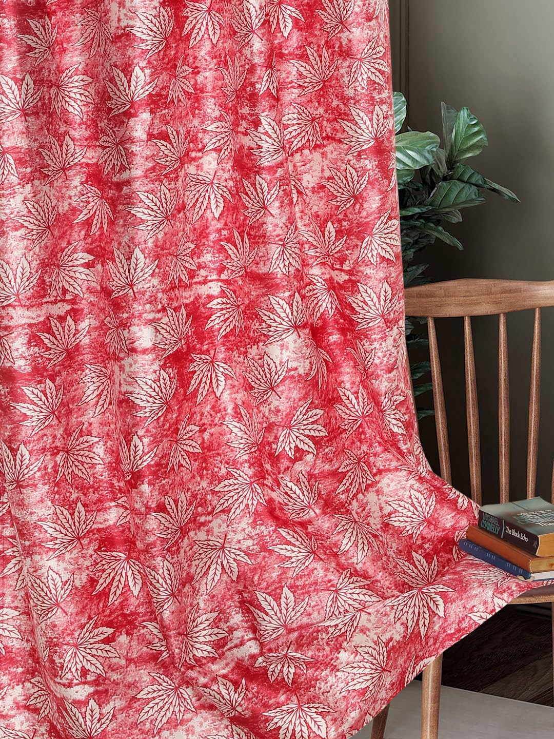 Home Sizzler 2 Pieces Leaf Mist Grommet Eyelet Polyester Long Door Curtains  9 Feet, Cherry Red