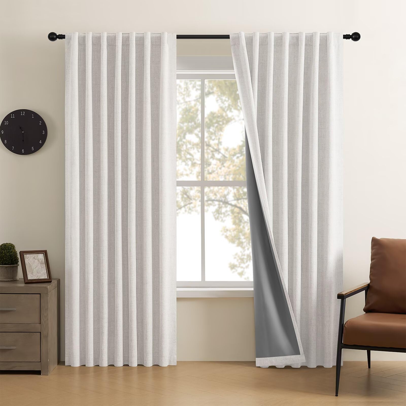 CUCRAF 100% Blackout Greyish White Linen Curtains 96 Inch Length 2 Panels Set, Back Tab/Rod Pocket Curtain for Living Room Bedroom, Room Darkening Window Drapes Thermal Insulated, 52x96 inch