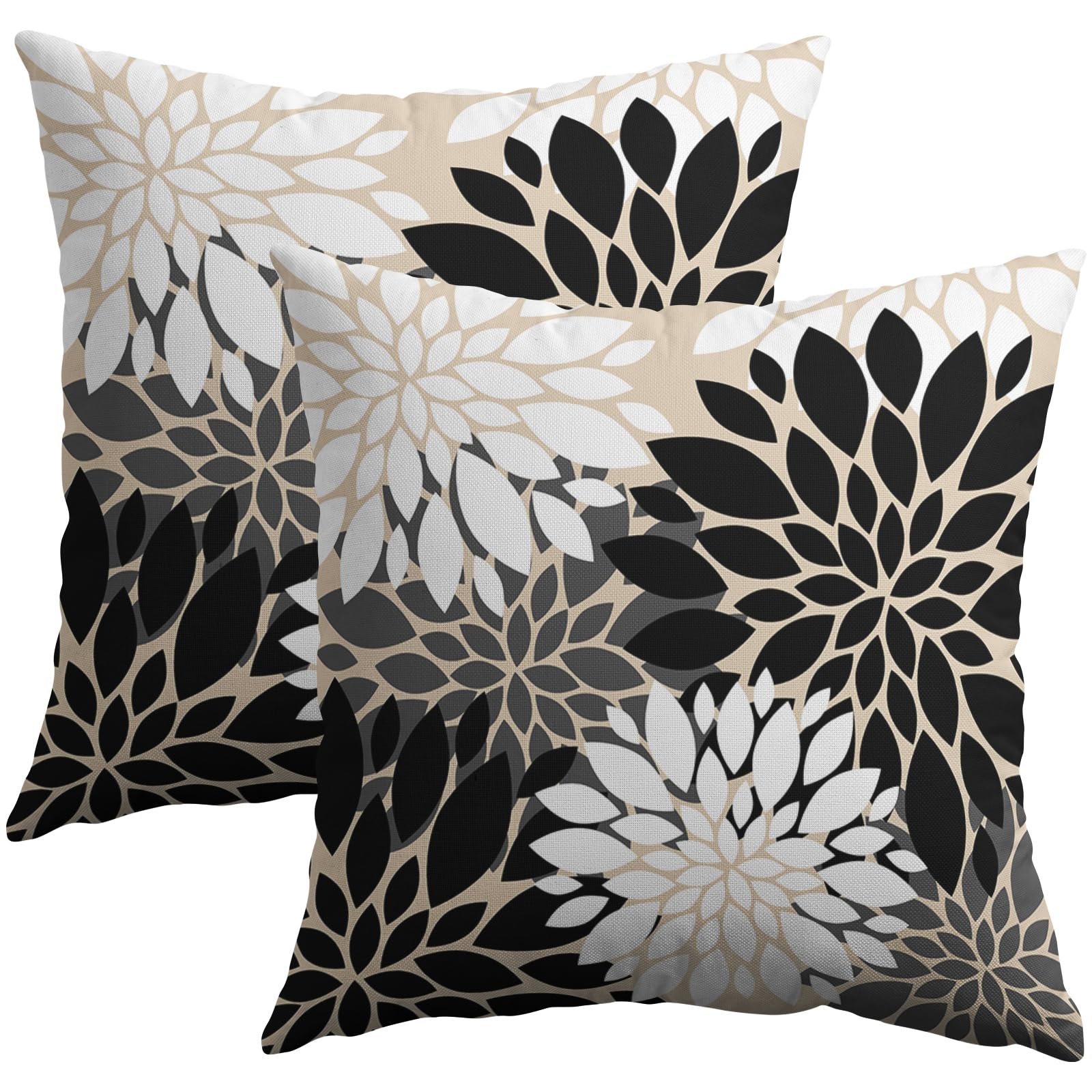 Smozenith Black White Grey Gray Pillow Covers 20X20 Inch Set Of 2, Modern Geometry Dahlia Floral Print Decorative Throw Pillow C