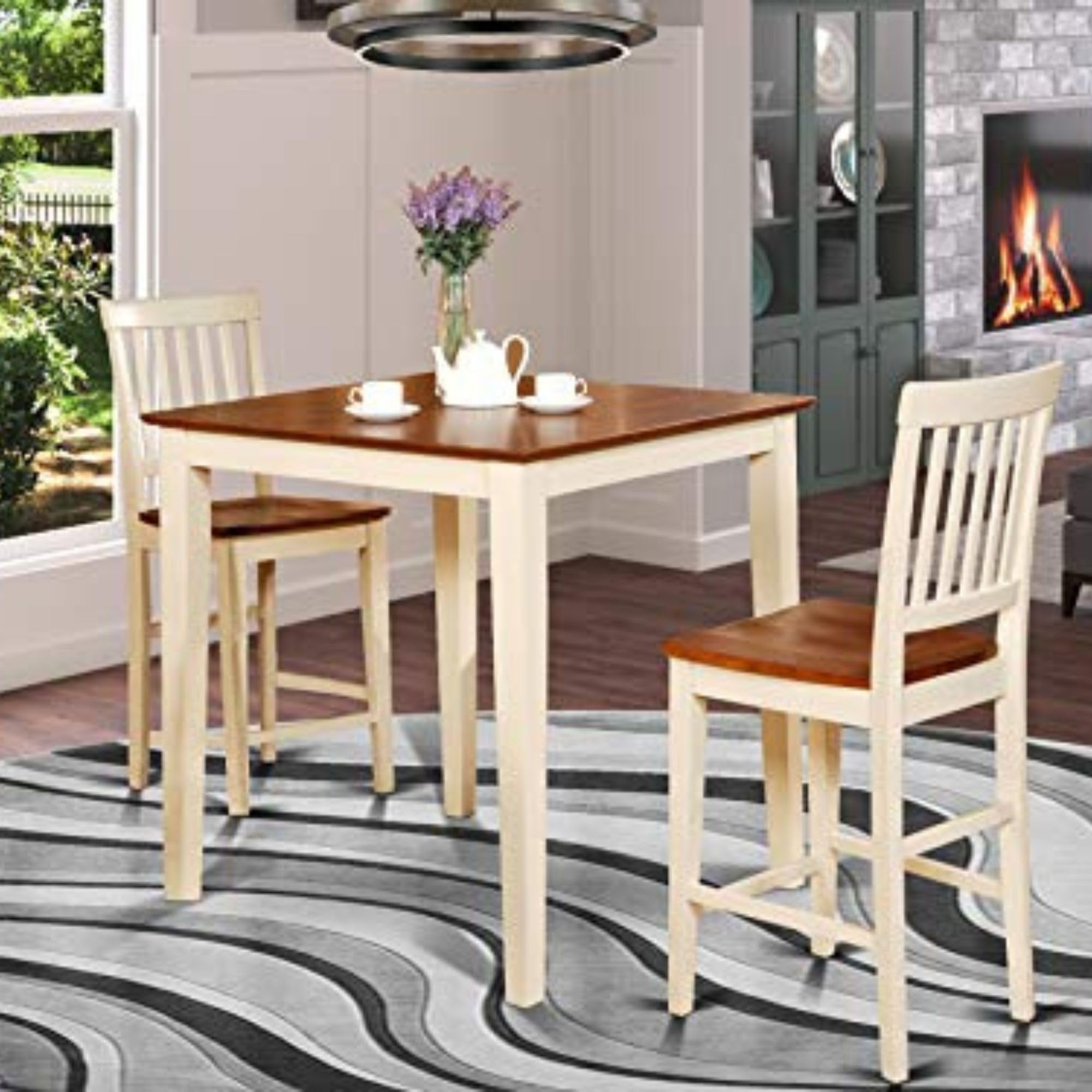 East West Furniture VERN3-WHI-W Vernon 3 Piece Counter Height Pub Set for Small Spaces Contains a Square Dinette Table and 2 Dining Room Chairs, 36x36 Inch