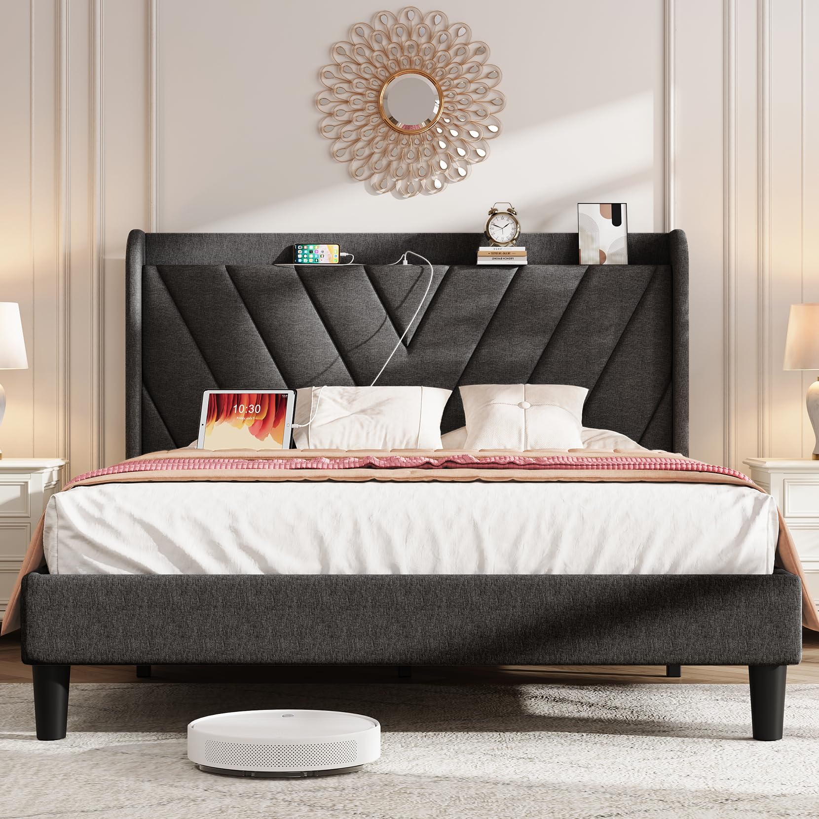 Koorlian Queen Bed Frame With Headboard, Adjustable Upholstered Platform Bed Frame With Type-C&Usb Ports, Wingback Storage Headb