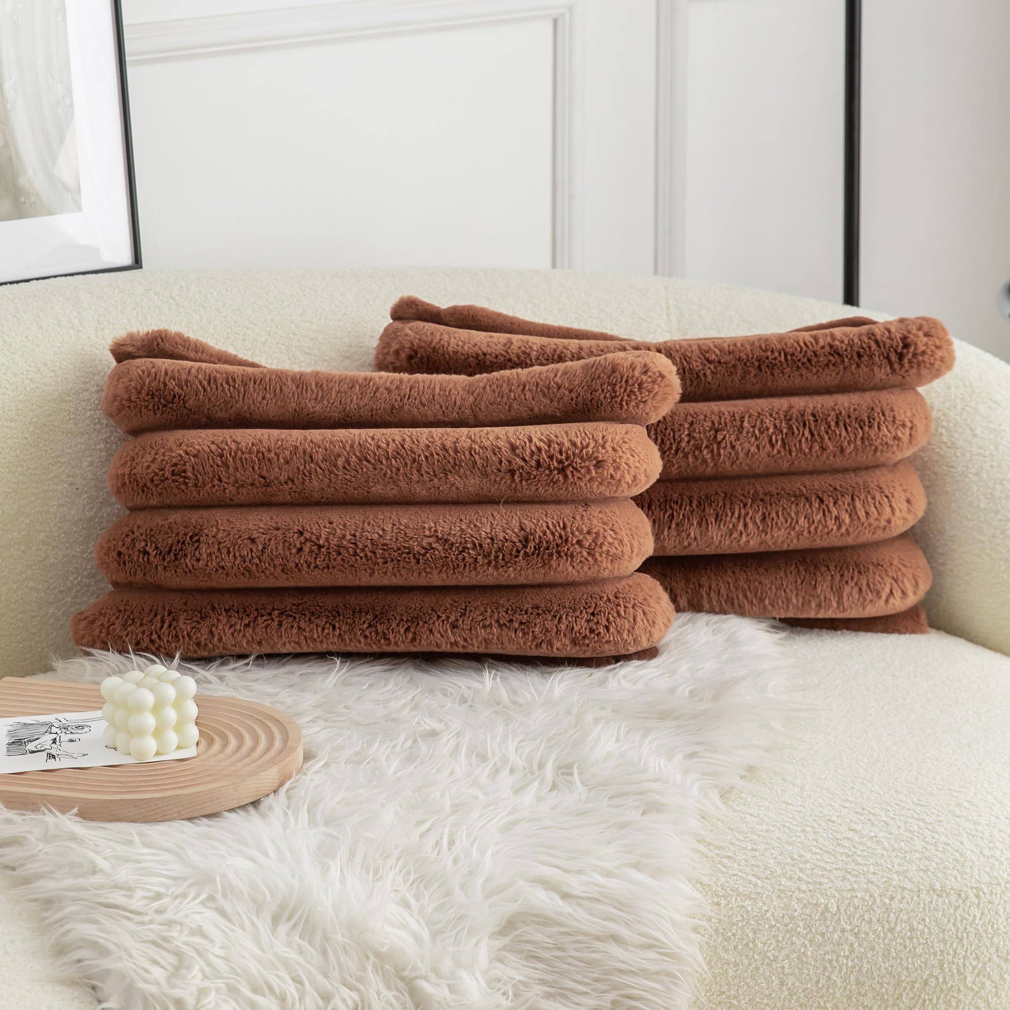 Neelvin Brown Faux Fur Cozy Soft Stripe Decorative Throw Pillow Covers 12X20 Inch Set Of 2,Velvet Pillowcase Cushion Case For So