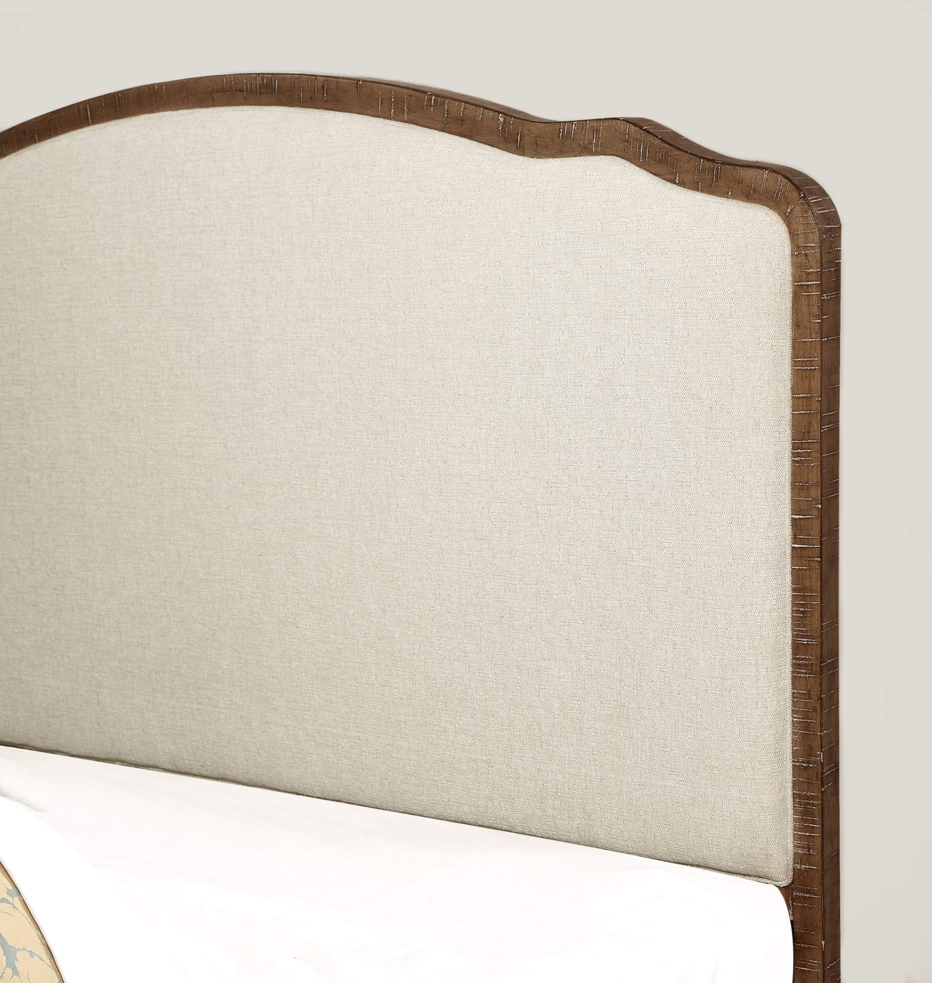 Madrona Burke Queen Eleanor Sandstone Buff and Cream Bed with Weathered Wood Framing and Curved, Upholstered Headboard and Footboard Panels