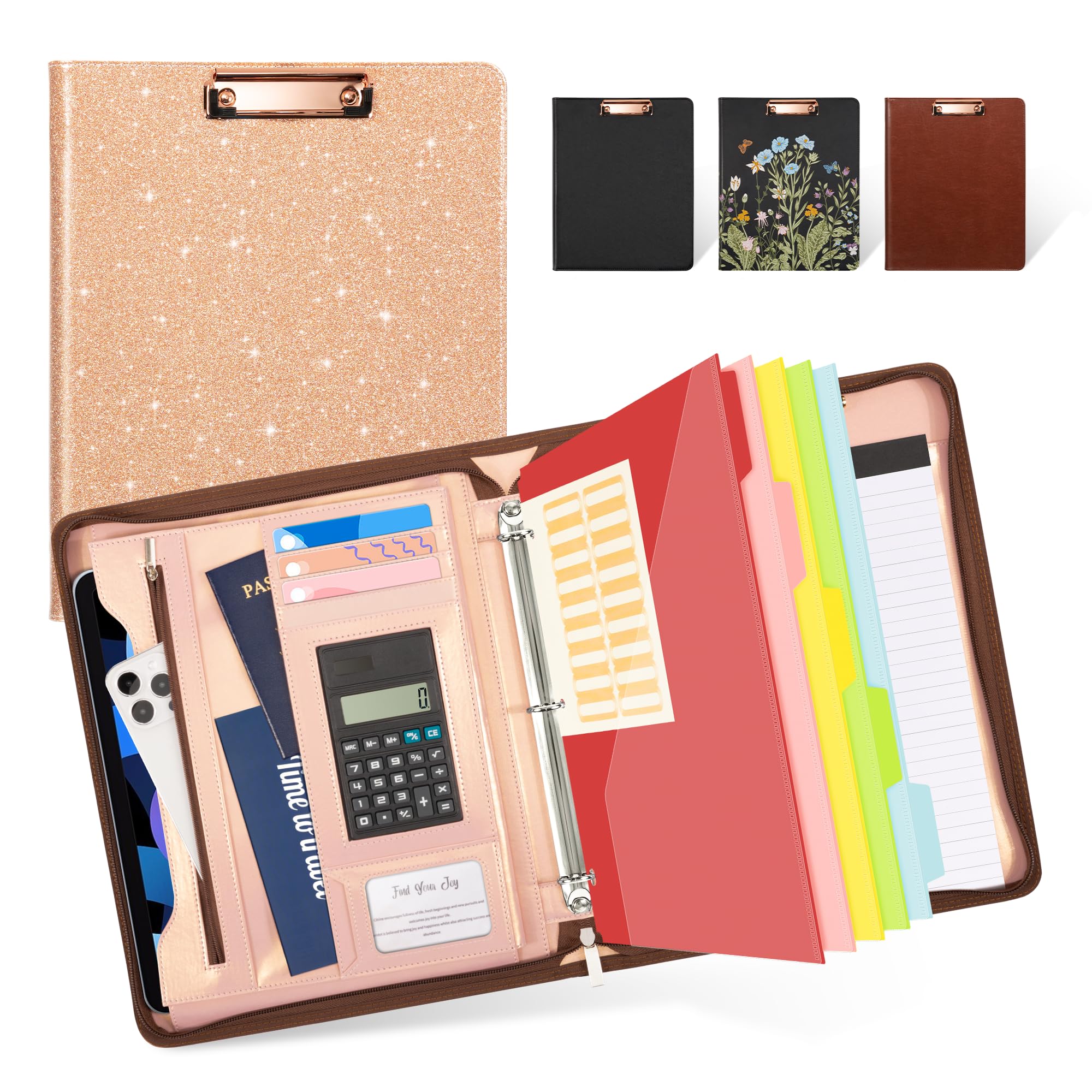 Ospelelf Clipboard With Storage, 3 Ring Binder With Zipper, Leather Padfolio Portfolio Folder, Calculator, 12.1    Tablet Sleeve