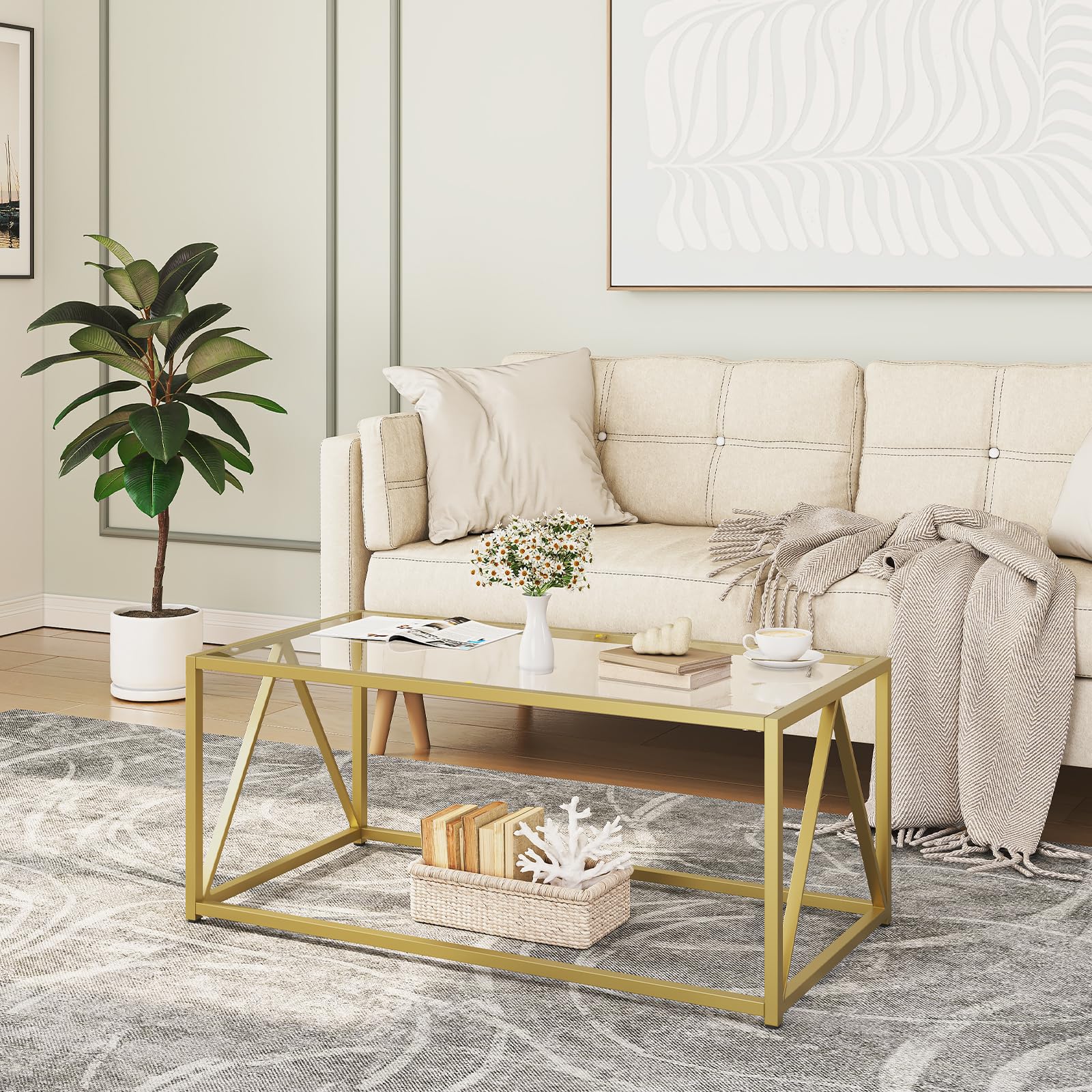 Hoobro Glass Coffee Table, Gold Coffee Tables For Living Room, Gold Glass Coffee Table,1 Layer Center Table, Modern, For Apartment, Office, 39.4 X 19.7 X 17.7 Inches, Easy Assembly, Golden Gd04Kf01