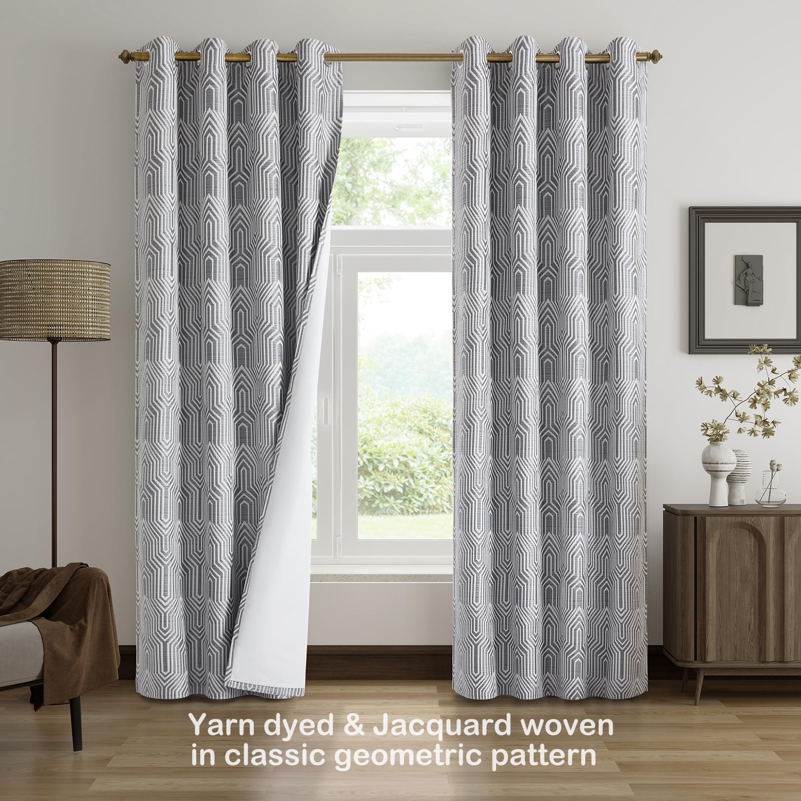 Dark Grey And Silvery 100% Blackout Curtains 84 Inch Length 2 Panels, Jacquard Thermal Insulated Noise Reducing Grommet Drapes F