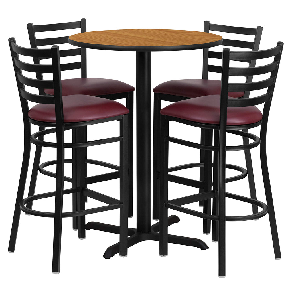 Flash Furniture 30'' Round Natural Laminate Table Set with X-Base and 4 Ladder Back Metal Barstools - Burgundy Vinyl Seat