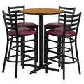 Flash Furniture 30'' Round Natural Laminate Table Set with X-Base and 4 Ladder Back Metal Barstools - Burgundy Vinyl Seat