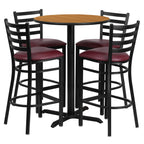 Flash Furniture 30'' Round Natural Laminate Table Set with X-Base and 4 Ladder Back Metal Barstools - Burgundy Vinyl Seat