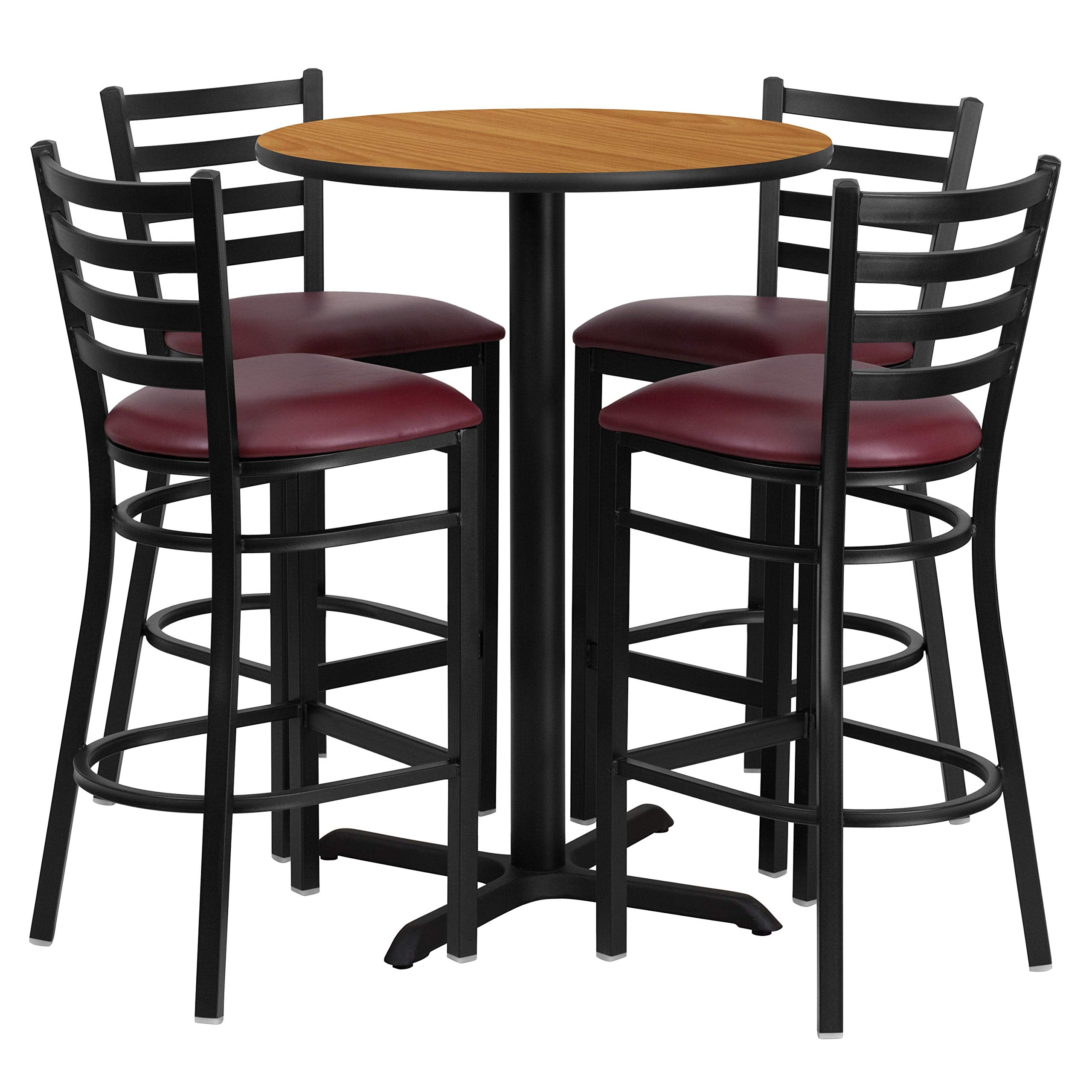 Flash Furniture 30'' Round Natural Laminate Table Set with X-Base and 4 Ladder Back Metal Barstools - Burgundy Vinyl Seat