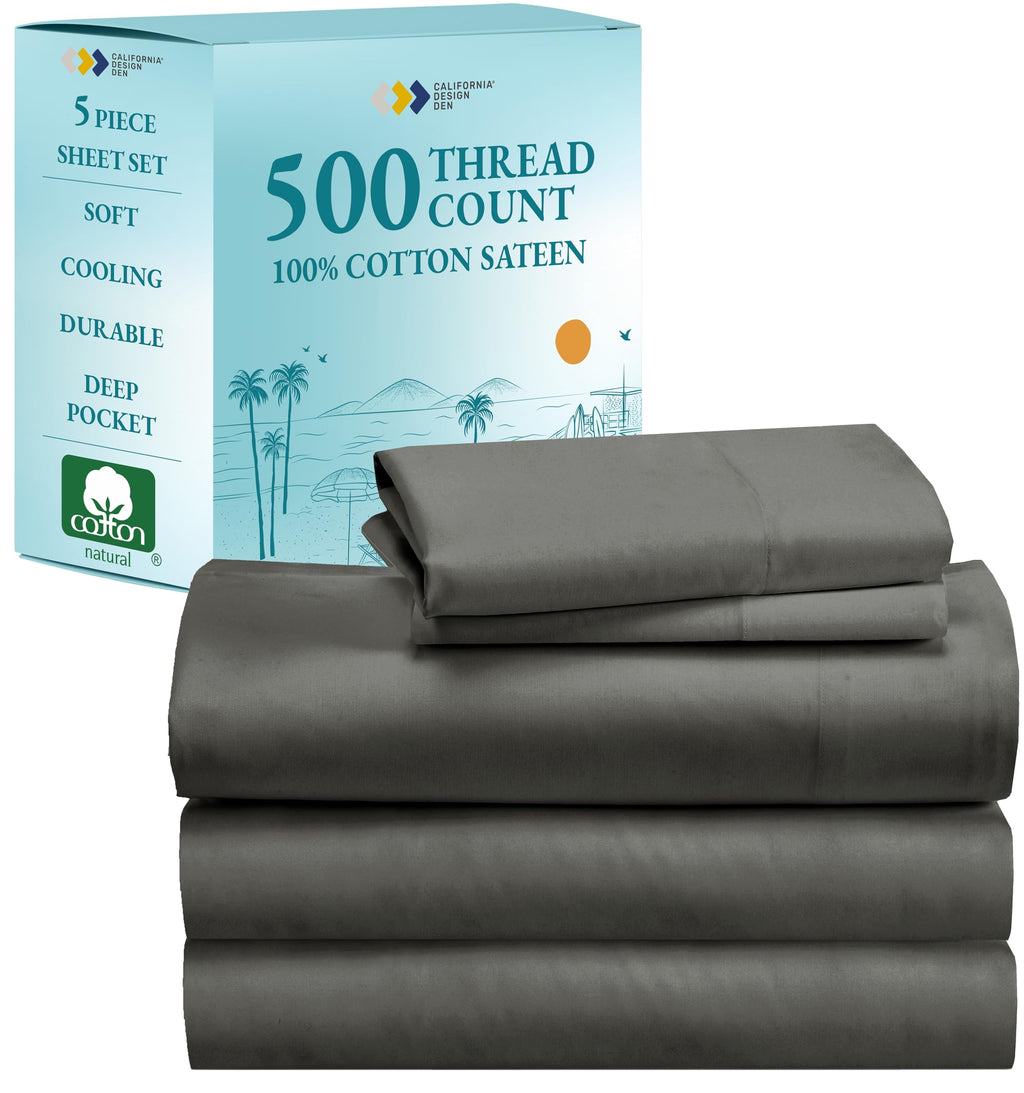California Design Den Grey Sheet Set Split-King - 500 Thread Count 100% Pure Cotton, Sateen Weave, Breathable Sheet Set, Luxury