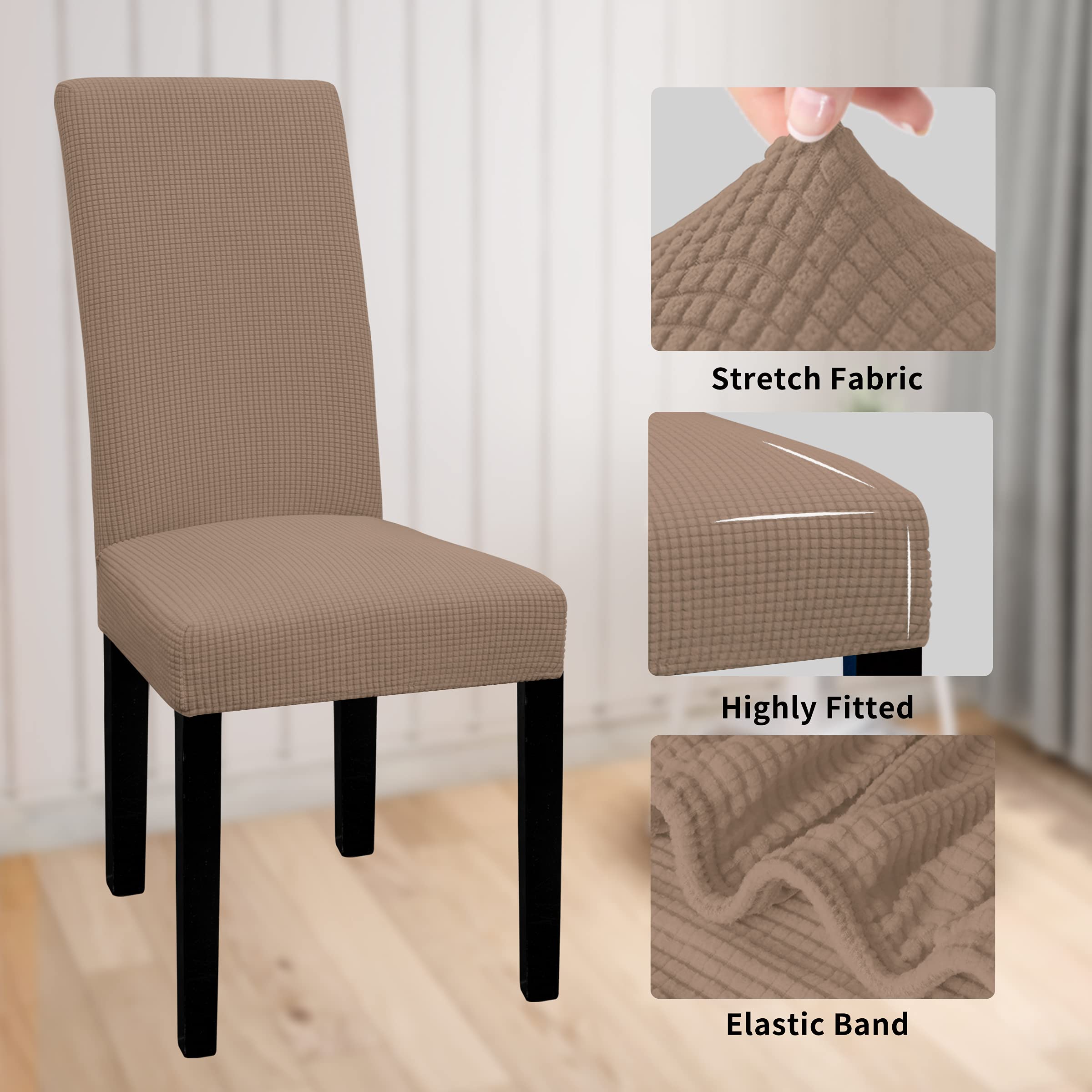 Easy-Going 100% Waterproof Dining Room Chair Cover Set Of 2, Stretch Jacquard Parson Chair Slipcover Removable Washable Chair Protector For Home, Restaurant, Banquet (Large, Camel)