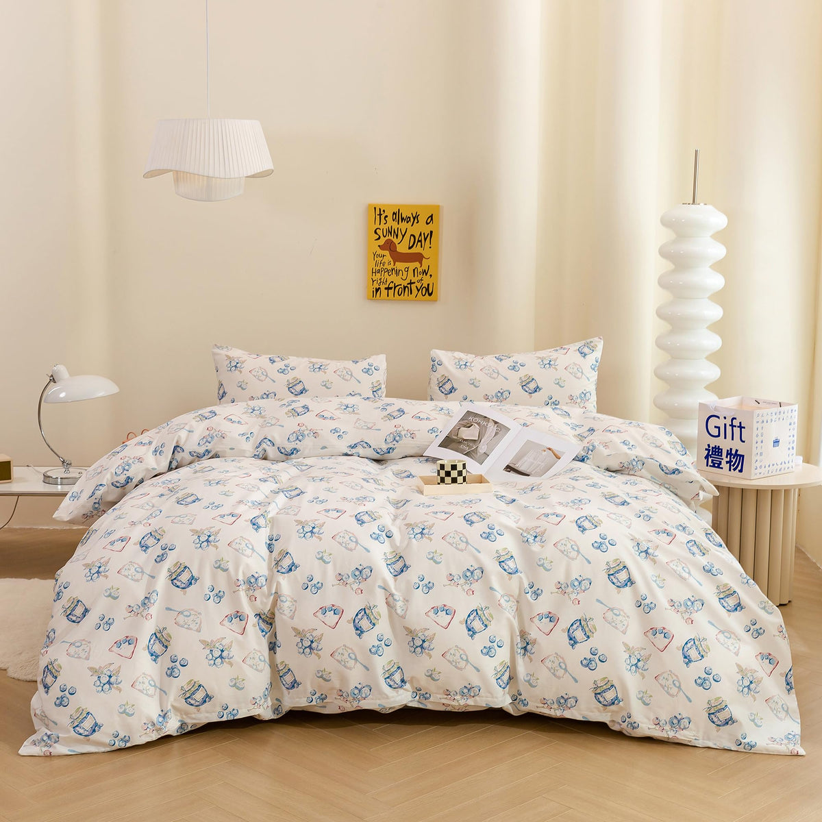 Ecocott Duvet Cover Queen Size, 3 Pcs Toast With Blueberry Jam Duvet Cover Set, Super Soft Comforter Quilt Cover With Zipper Clo