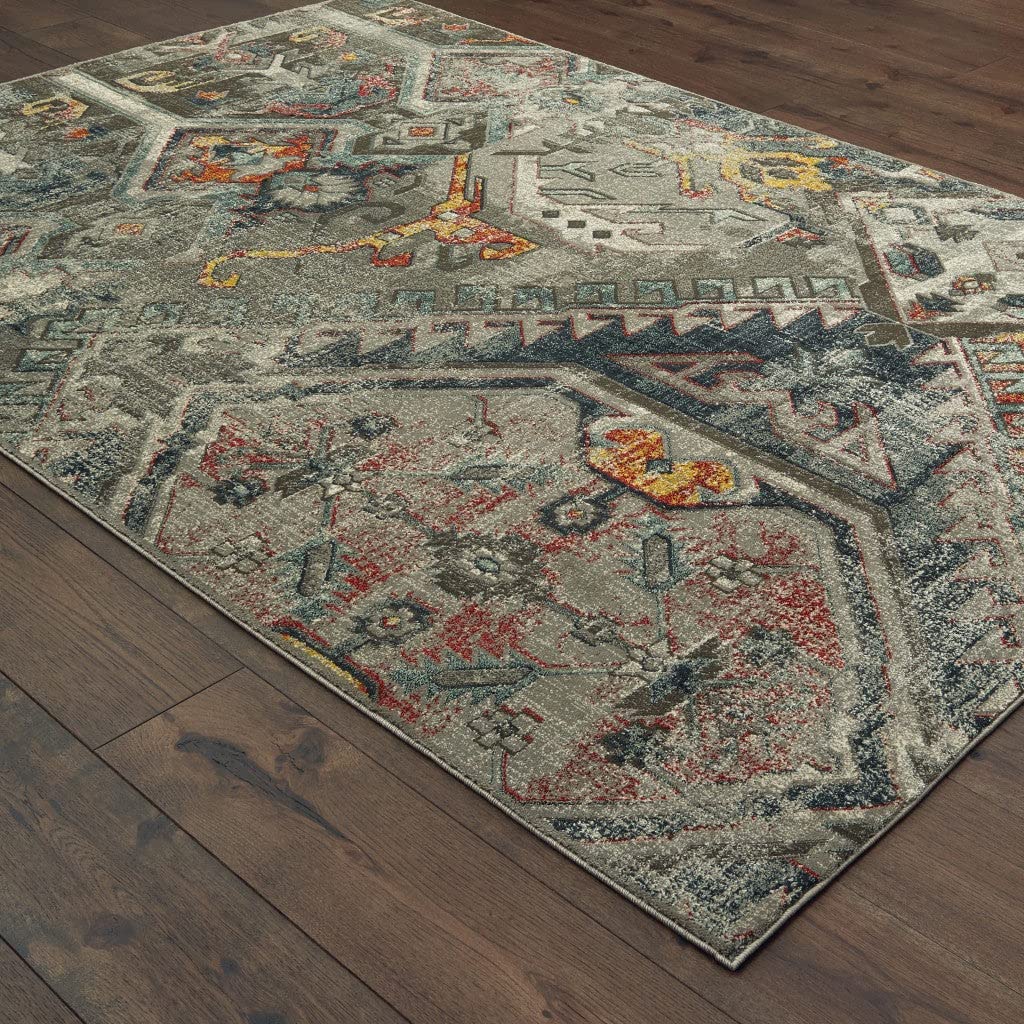 HomeRoots Polypropylene, Polyester 3' x 6' Distressed Grey Machine Woven Tribal Abstract Indoor Area Rug