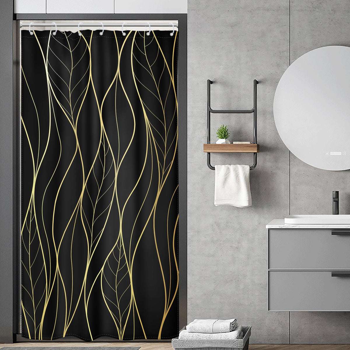 Riyidecor Small Stall RV Black Gold Leaves Shower Curtain Half Single Boho Abstract Striped Leaf Geometric Modern Simple Cool 36