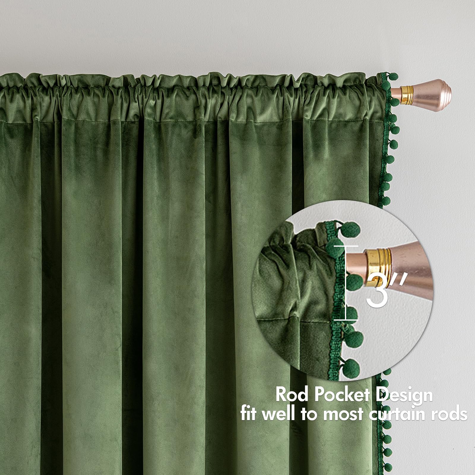 Miulee Olive Green Pom Pom Velvet Curtains For Bedroom/Living Room Darkening Thermal Insulating 84 Inches Long Blackout Curtains