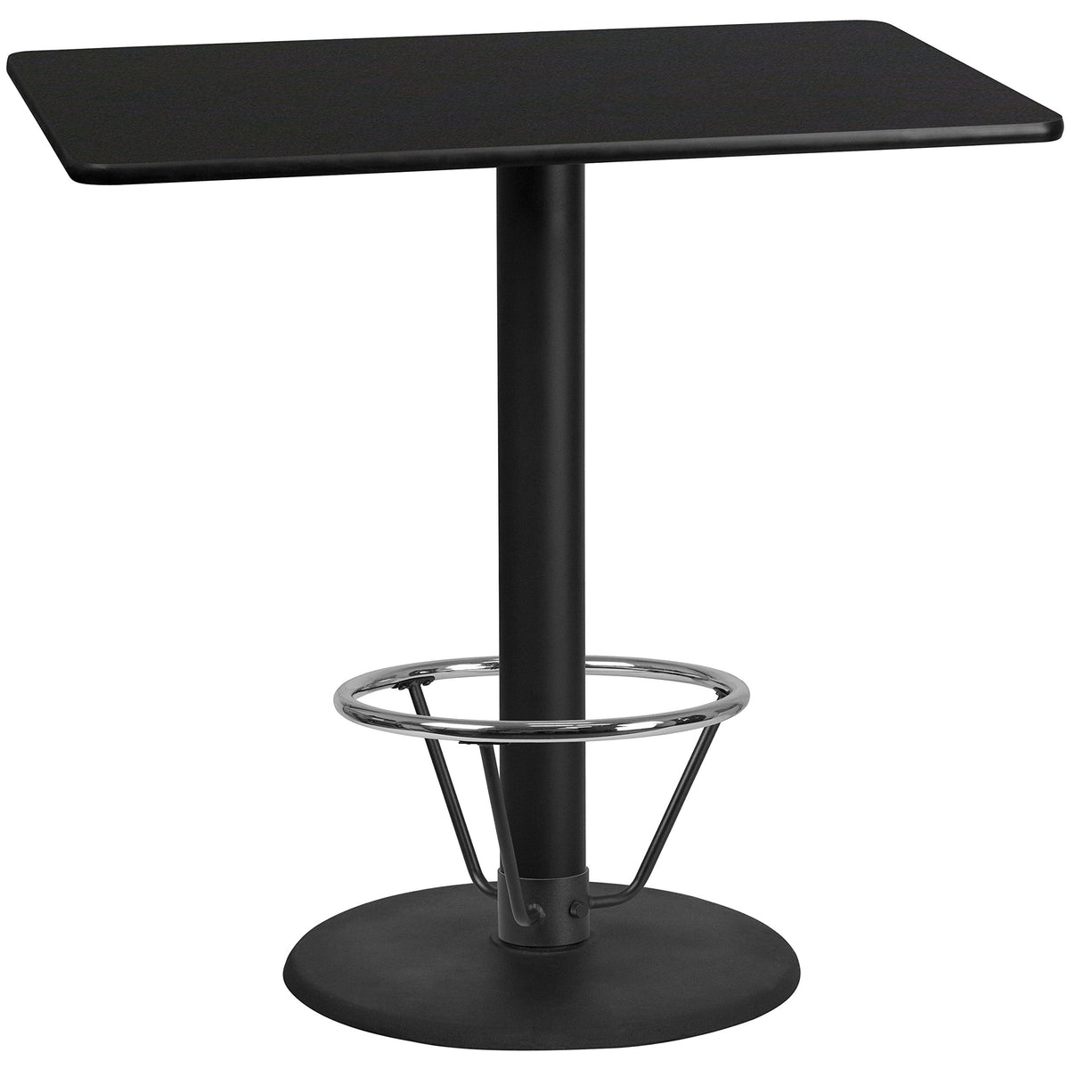 Flash Furniture Stiles 30'' x 48'' Rectangular Black Laminate Table Top with 24'' Round Bar Height Table Base and Foot Ring