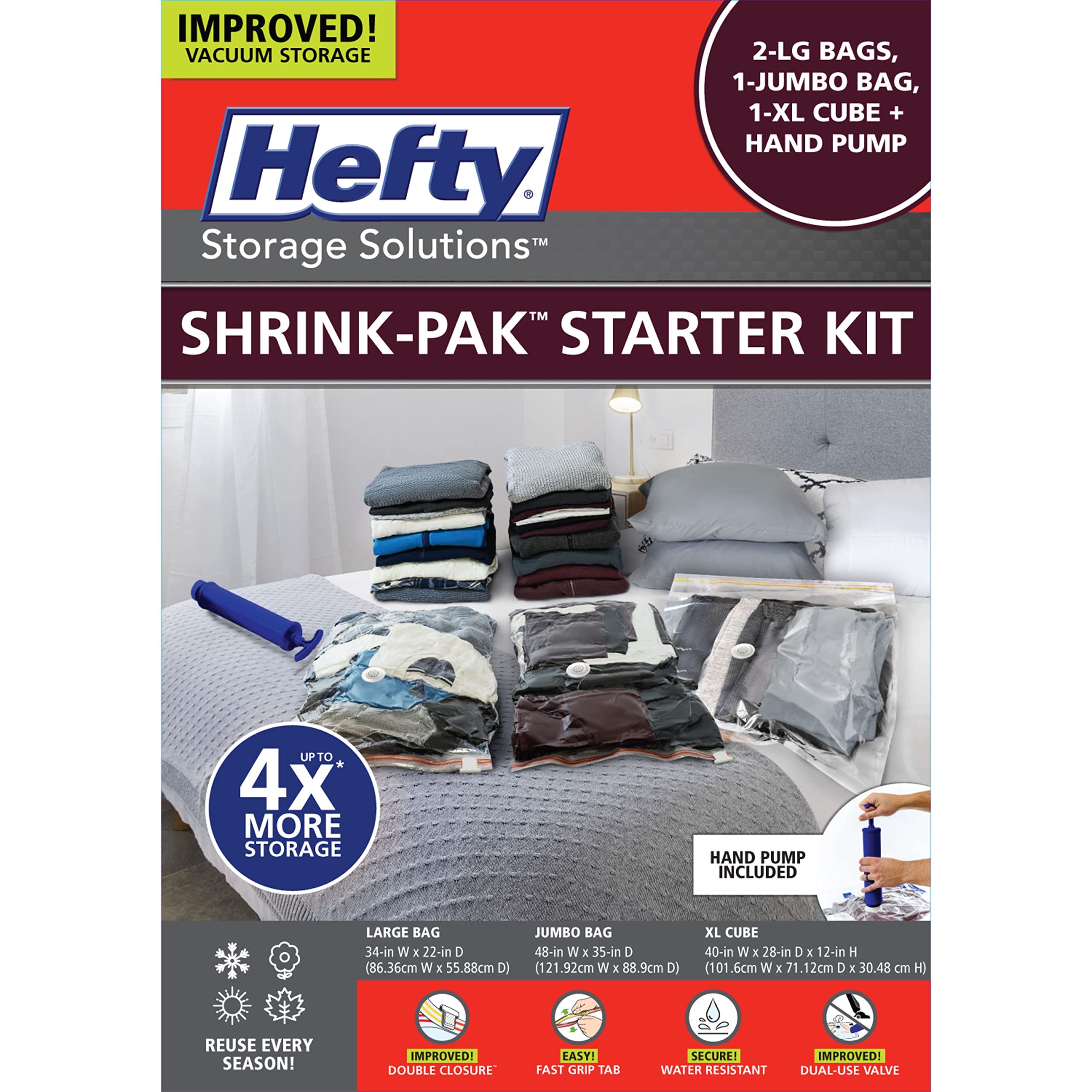 Hefty Shrink-Pak Starter Kit - 2 Large, 1 XL Cube, 1 Jumbo Vacuum Seal Storage Bag and Hand Pump - Space Saver Bags for Clothing